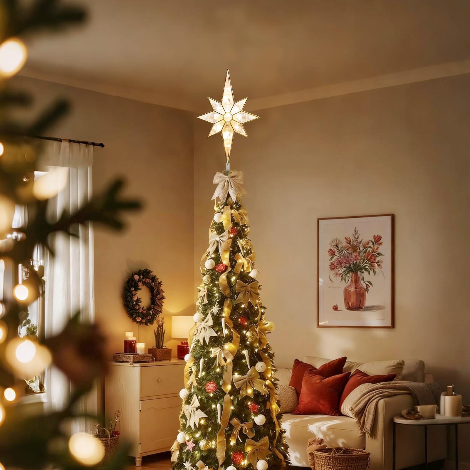 LAMPHOME 12in Lighted Christmas Tree Topper, Warm White Bethlehem Star, Model YHL-11A/1S-F-122, Acrylic