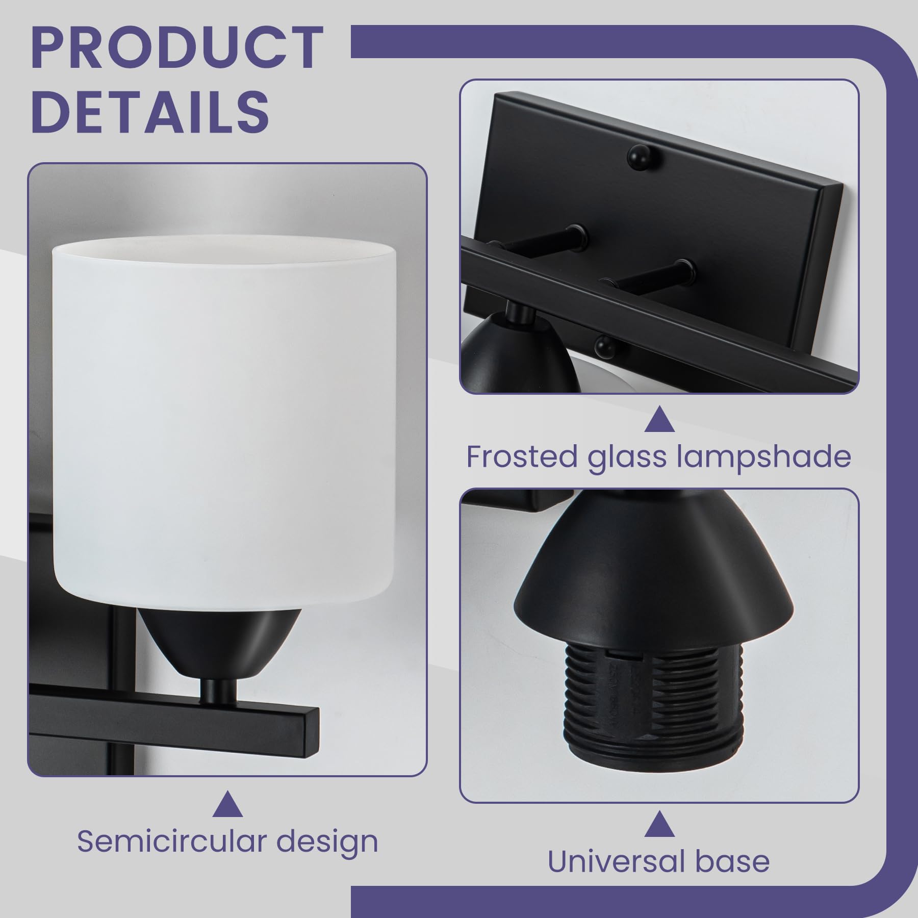 CANMEIJIA 3-Light Bathroom Vanity Light Fixture, Matte Black, Aluminum, Milky White Glass Shades, Model CMJ-JQD-001