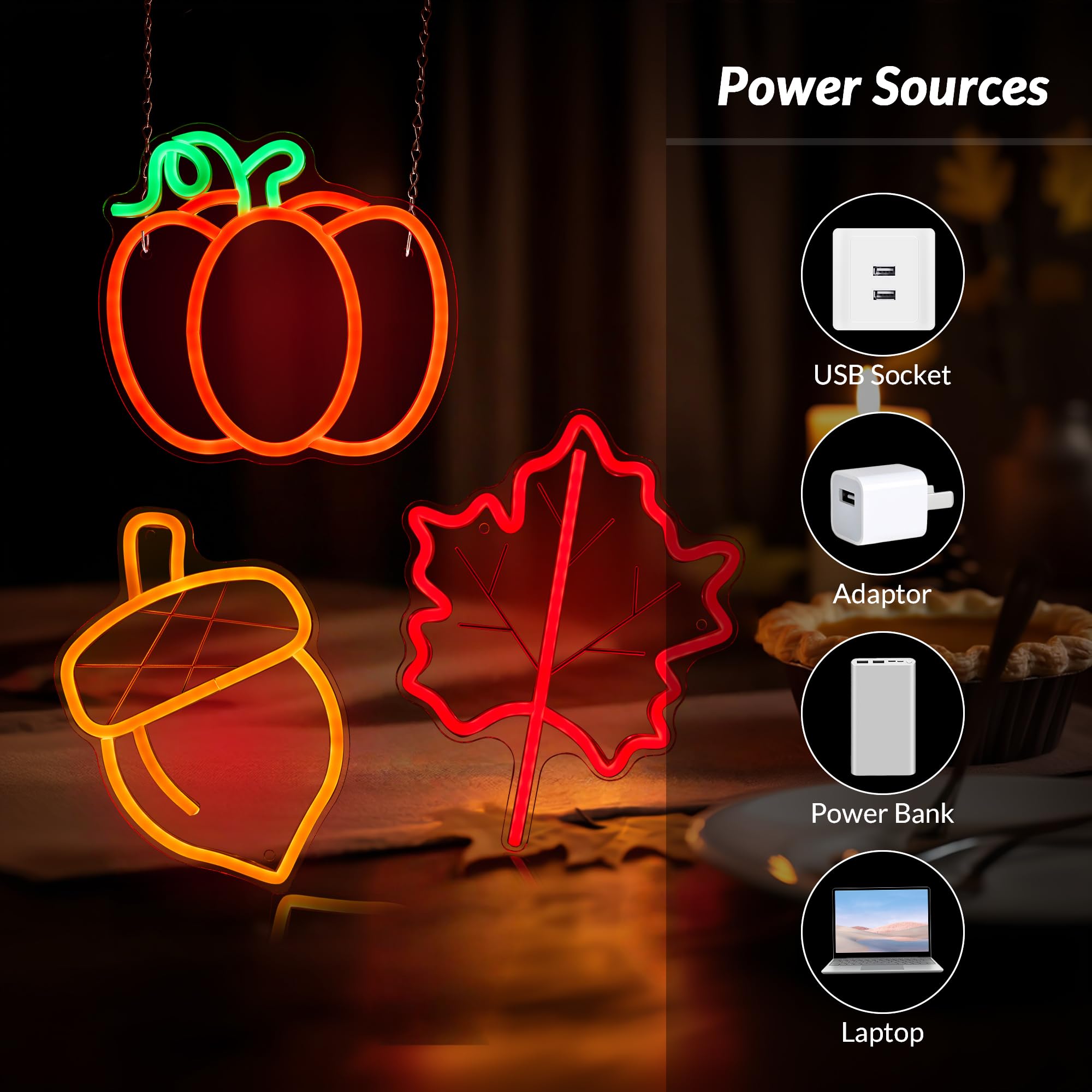 Hanna Roberts 3 Pcsthanksgiving Neon Sign  Pumpkin Maple Leaf Acorn Neon Led Lights  Usb Powered Window Lights For Halloween Thanksgiving Party  3D Wall Art Signs For Home Bedroom Living Room