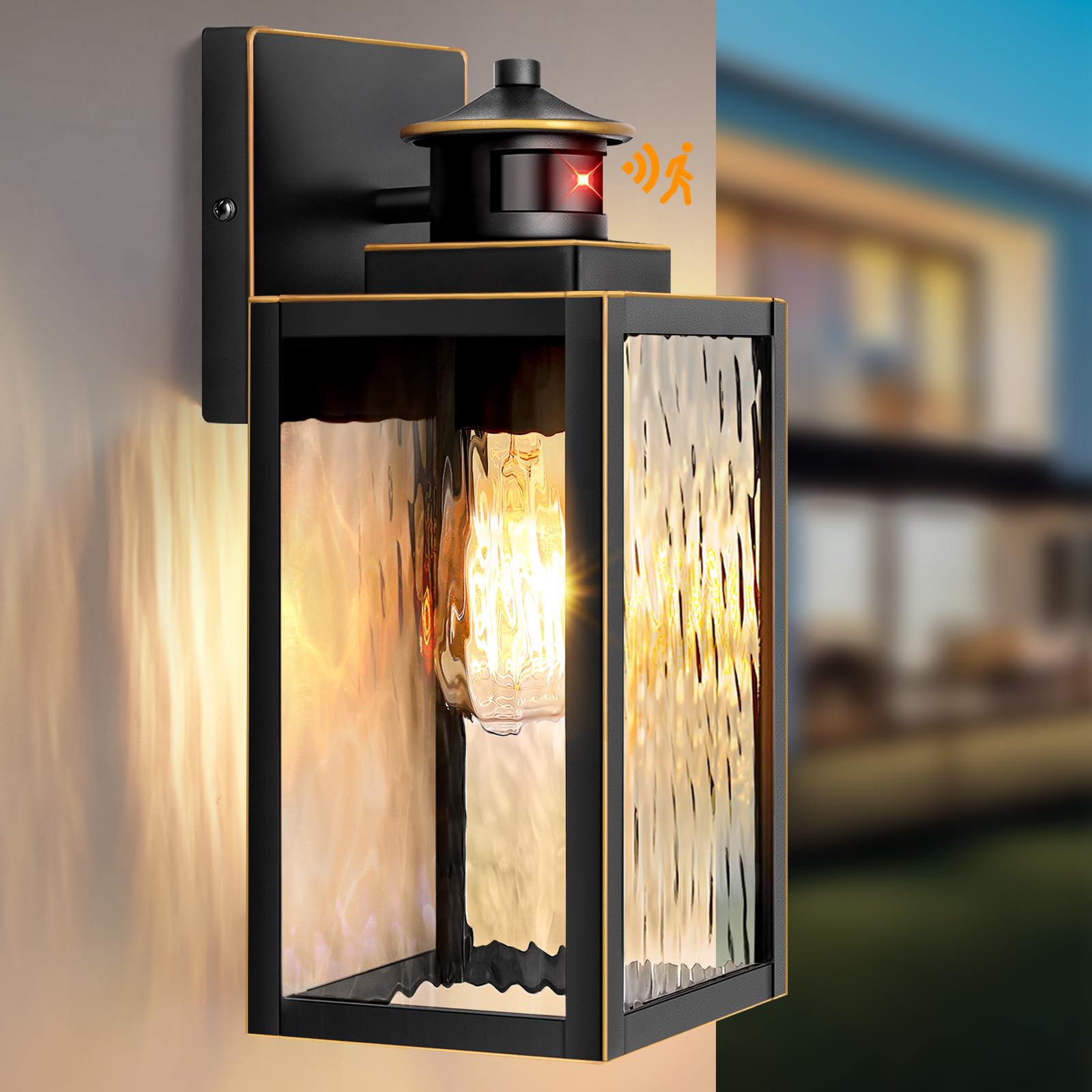 Large Motion Sensor Outdoor Wall Light, Waterproof Exterior Wall Sconce Light Fixture with Water-Rippled Glass, Bronze Modern Ou