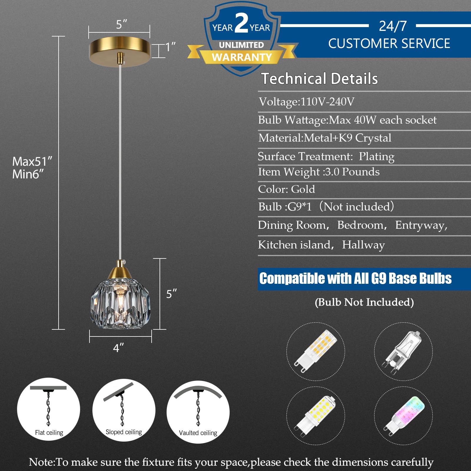 Weesalife Crystal Chandeliers, 3-Pack Brass Modern Pendant Light Fixture, A8817 for Dining Room, Kitchen Island, Bathroom, Bar