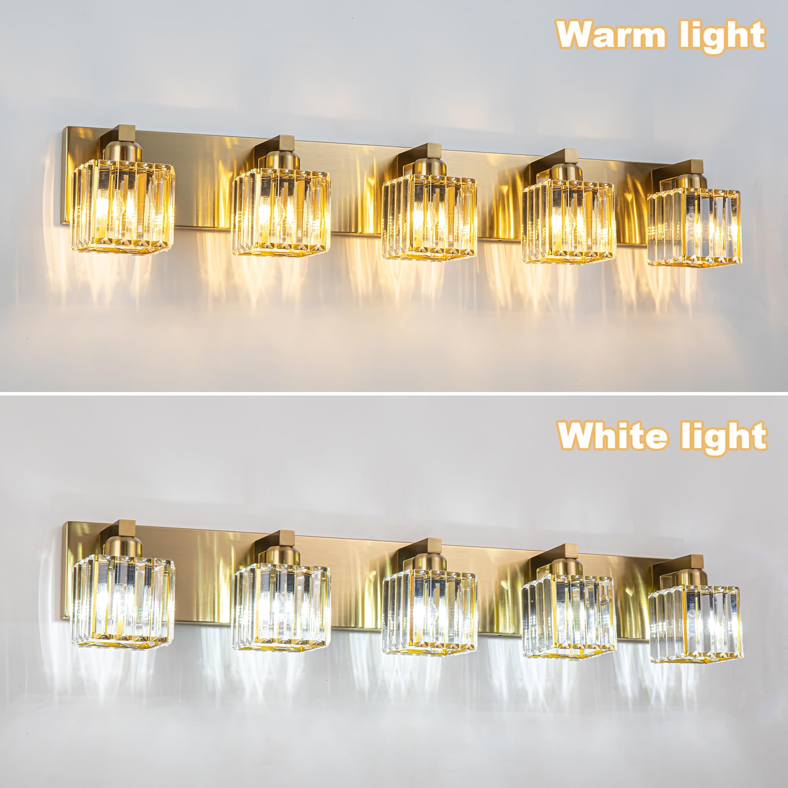 Huoku Gold Crystal Bathroom Vanity Lights, 5 Lights Bathroom Lighting Fixtures Over Mirror Modern Gold Crystal Bathroom Wall Lig