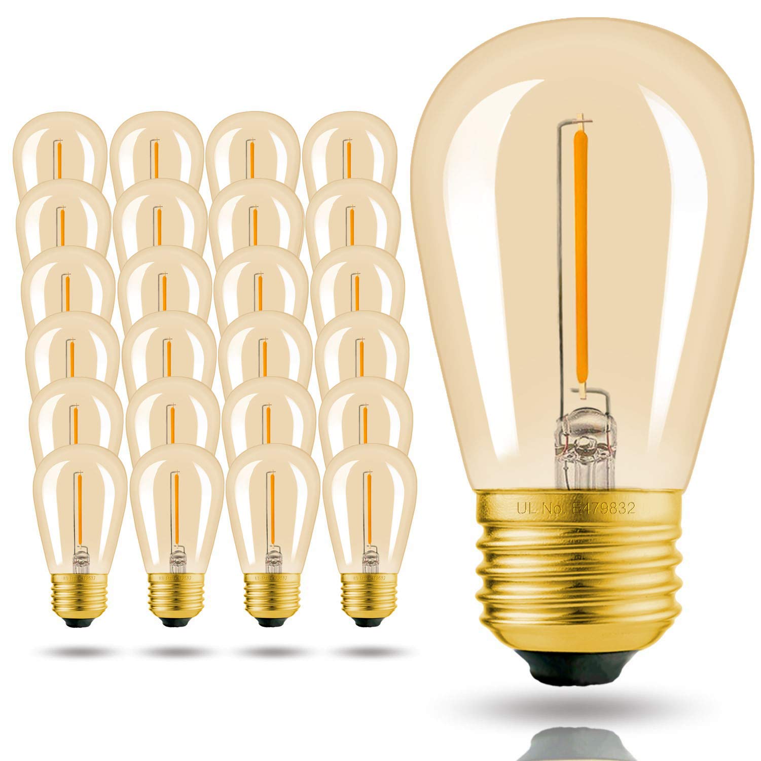 Hizashi 15 Pack S14 Replacement Light Bulbs, 2W=25 Watt Outdoor Edison Bulbs Dimmable E26 Base, Amber 2200K S14 Led Bulbs, Outdo