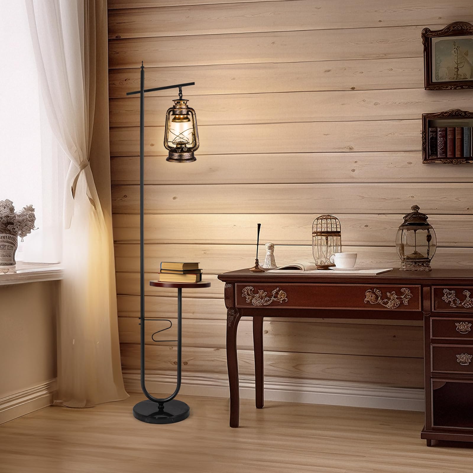 workluurop Vintage Floor Lamp with Table, Rustic Bronze Lantern Design for Living Room, Bedroom, Reading Room