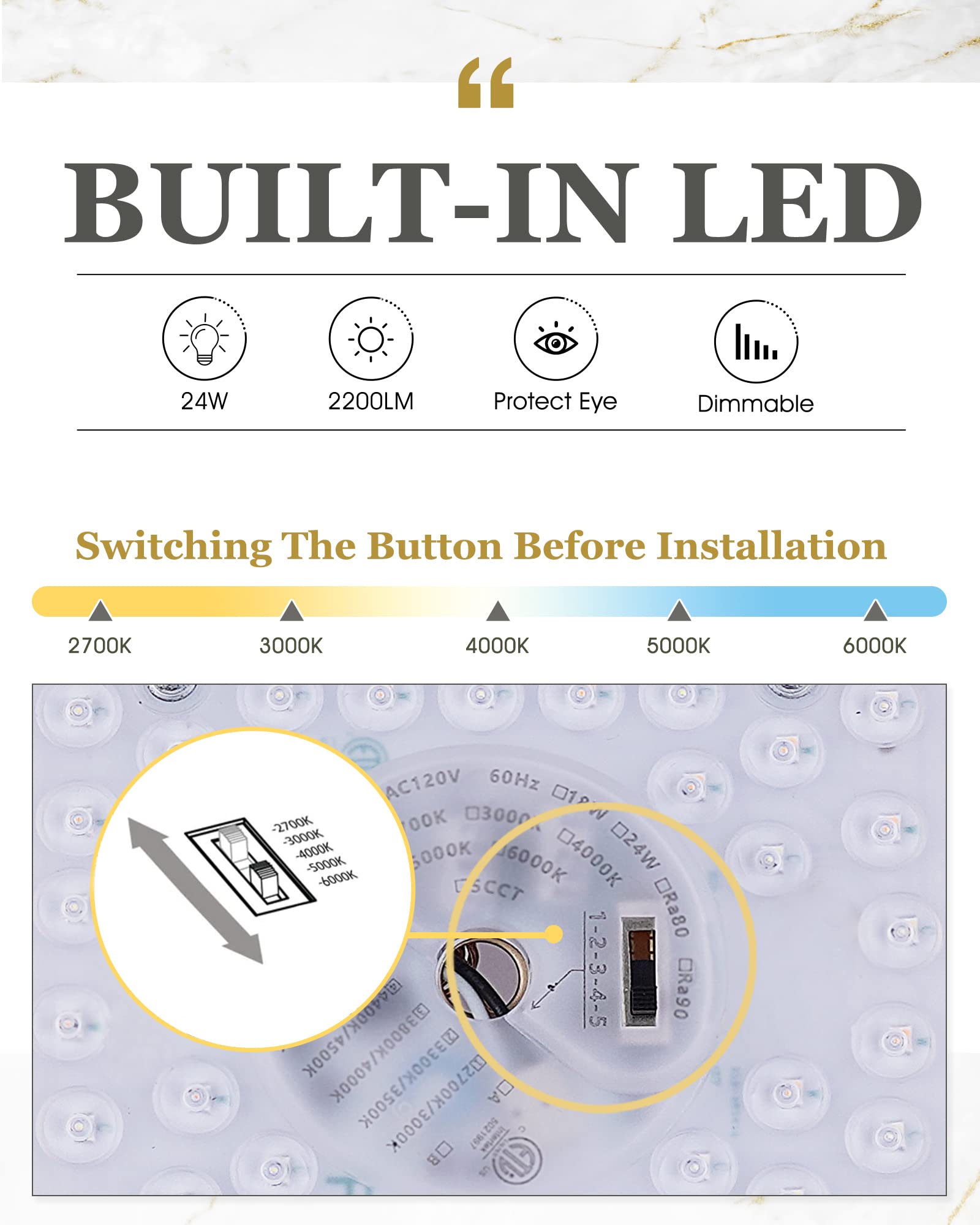 Audickic Gold Flush Mount Ceiling Light, 13Inch Close To Ceiling Light Fixtures 24W 2200Lm Dimmable 2700K/3000K/4000K/5000K/6000
