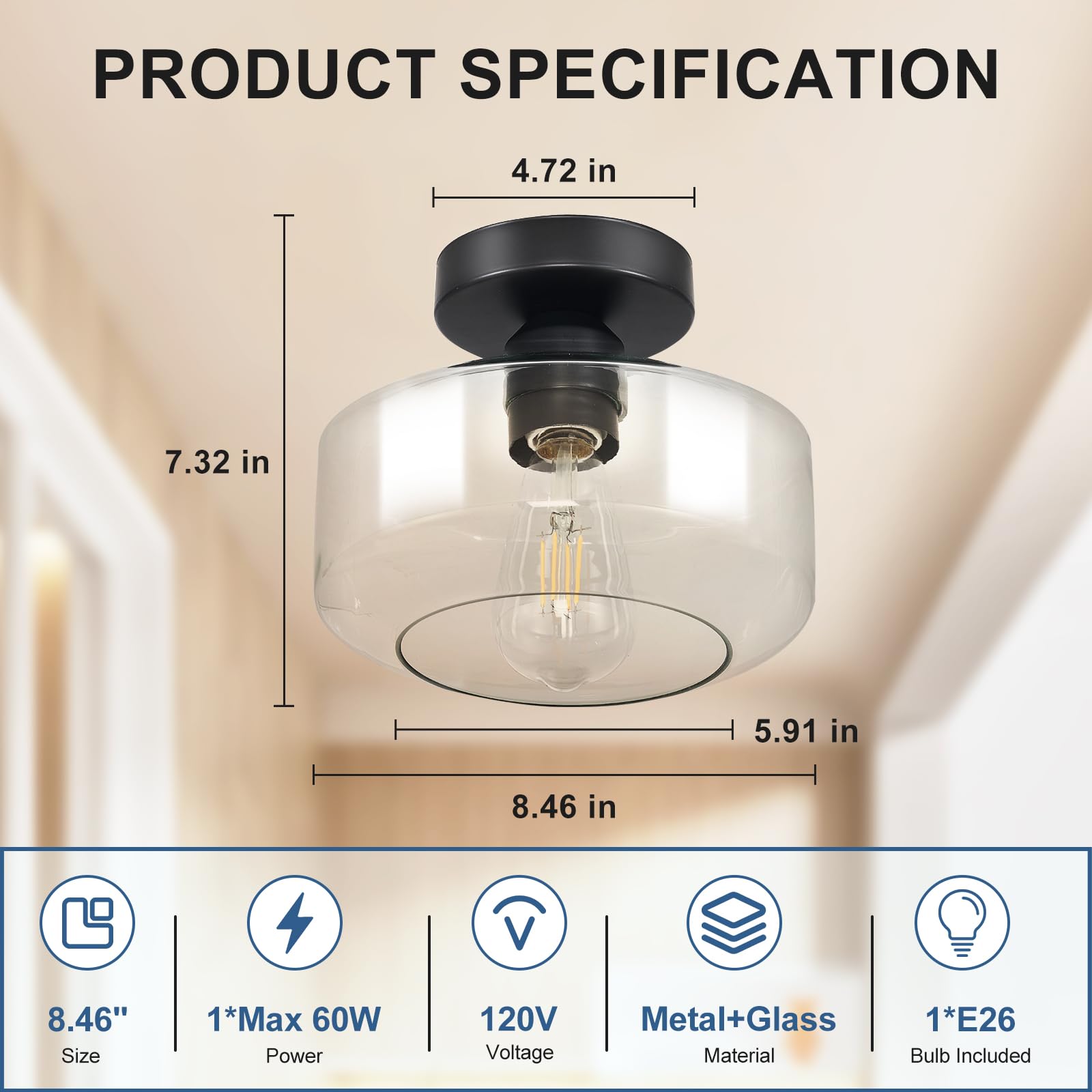 Industrial Semi Flush Mount Ceiling Light: Black Kitchen Lighting Fixtures Ceiling With Clear Glass - Vintage Hallway Light Fixt