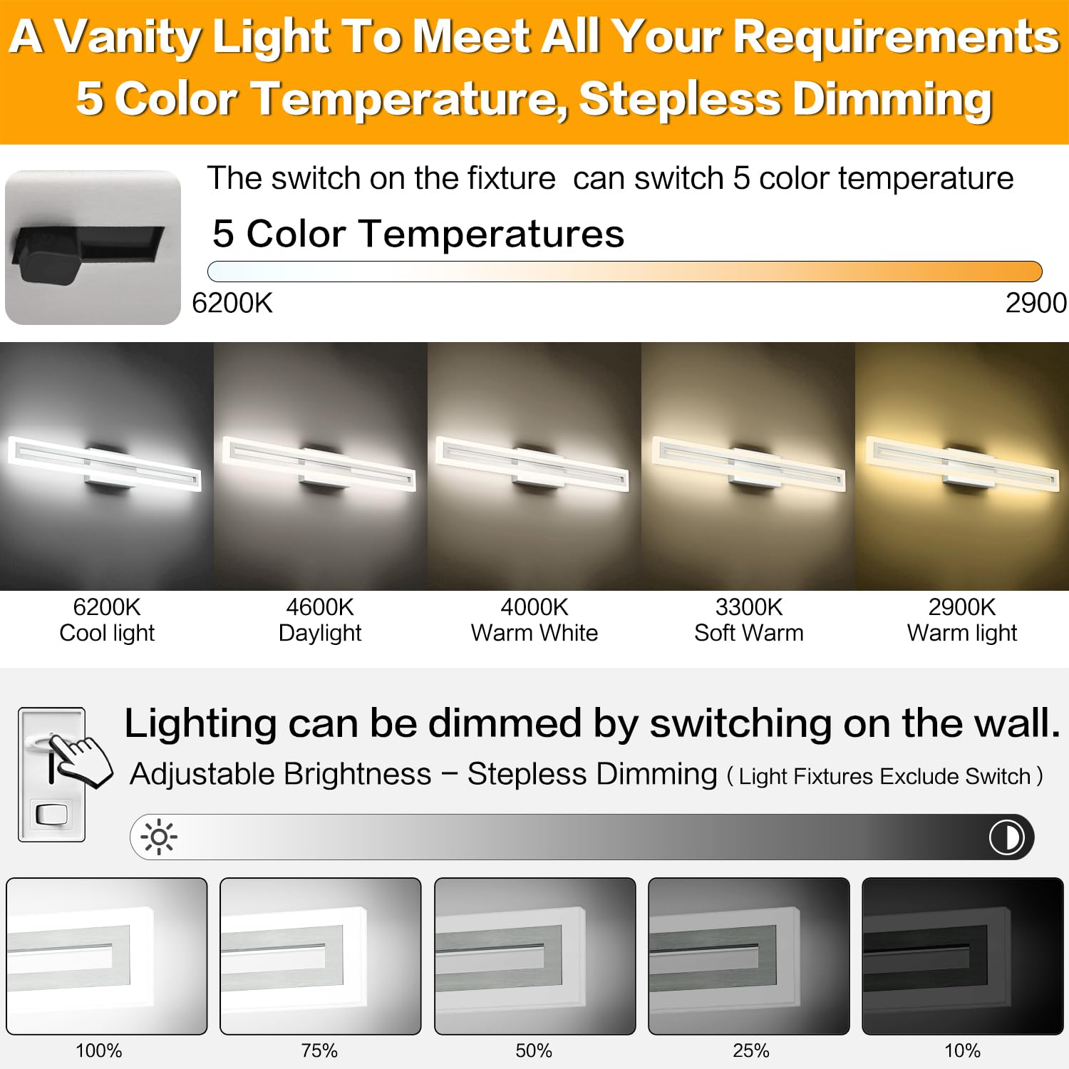 SOLFART Bathroom Lighting Fixture LED Vanity Light 32 Inch Brushed Nickel 5CCT Adjustable Color & Brightness Model S8300-810mm