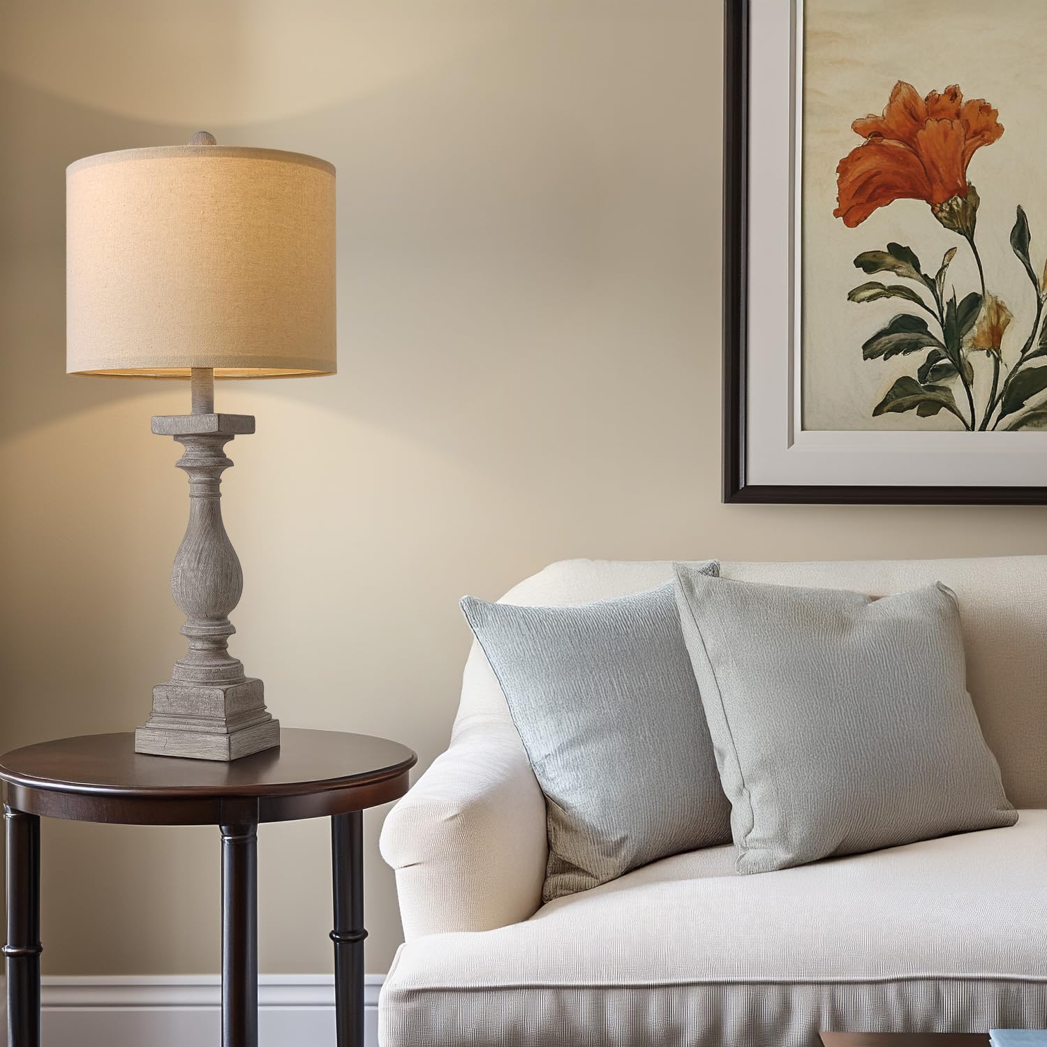 Bobomomo 27'' Farmhouse Table Lamps With Usb-A +C Ports, Vintage Rustic Lamps For Living Room, Linen Shade, Retro Side Table Lam