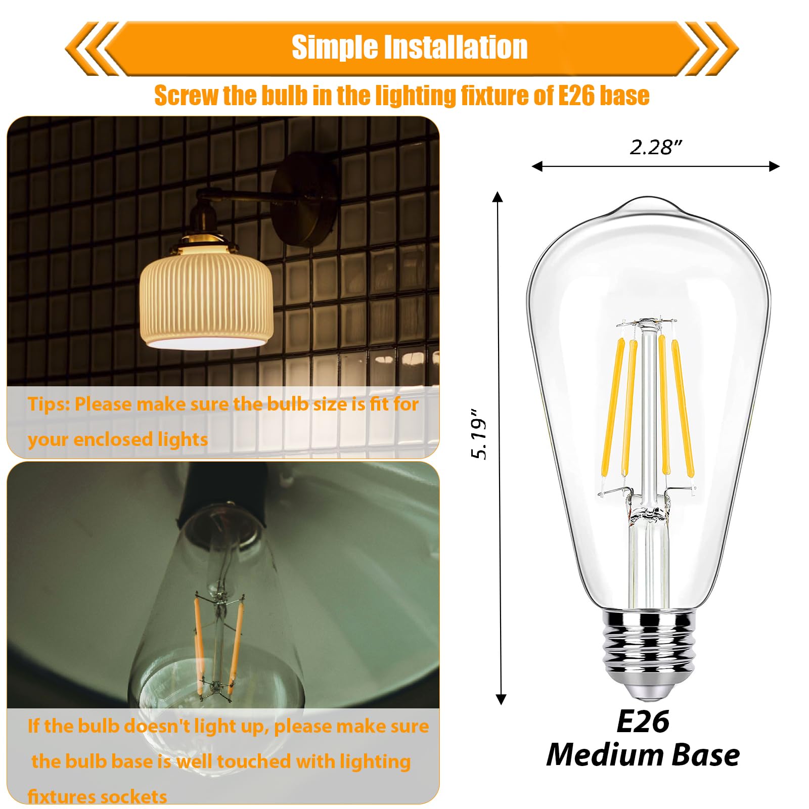 Winsaled 16 Pack Led Edison Bulbs 40W Equivalent, Dimmable 2700K Soft Warm White St19/St58 Light Bulb, 4 Watt Vintage Led Filame