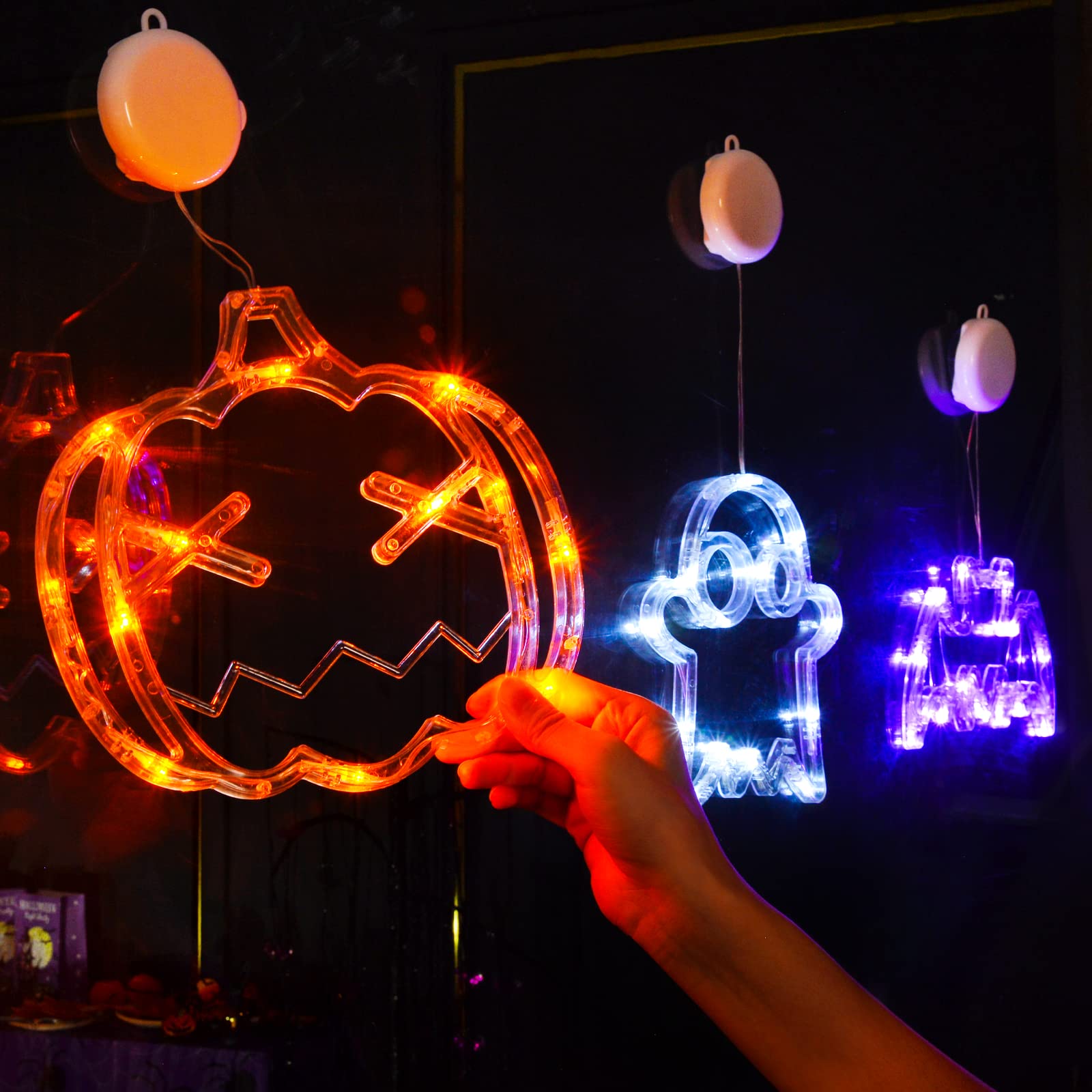 LOLStar Halloween Window Lights Pack - Battery Operated Orange Pumpkin, White Ghost, Purple Bat with Suction Cup, Slow Fade Mode