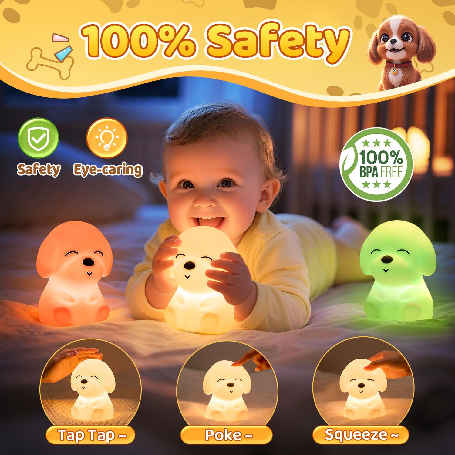 Mubarek Dog Night Light - Soft Silicone, Dimmable, Rechargeable, 16 Colors, Timer - Perfect Christmas Gift for Kids