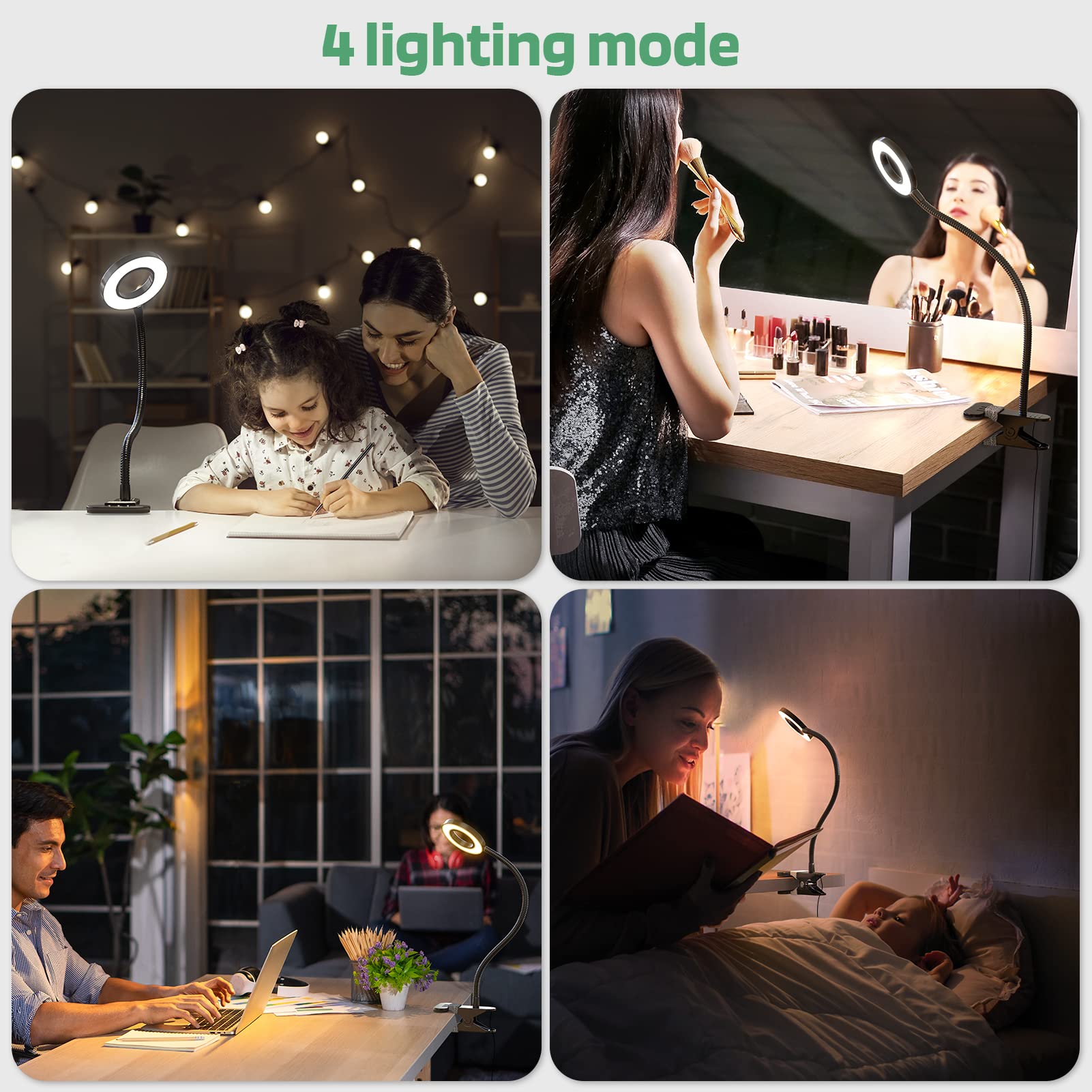 GLORIOUS-LITE 36 LED Clip-on Light, 4 Modes, 360° Gooseneck, Eye-Caring Black Lamp, Model AS-0108 for Desk, Headboard,