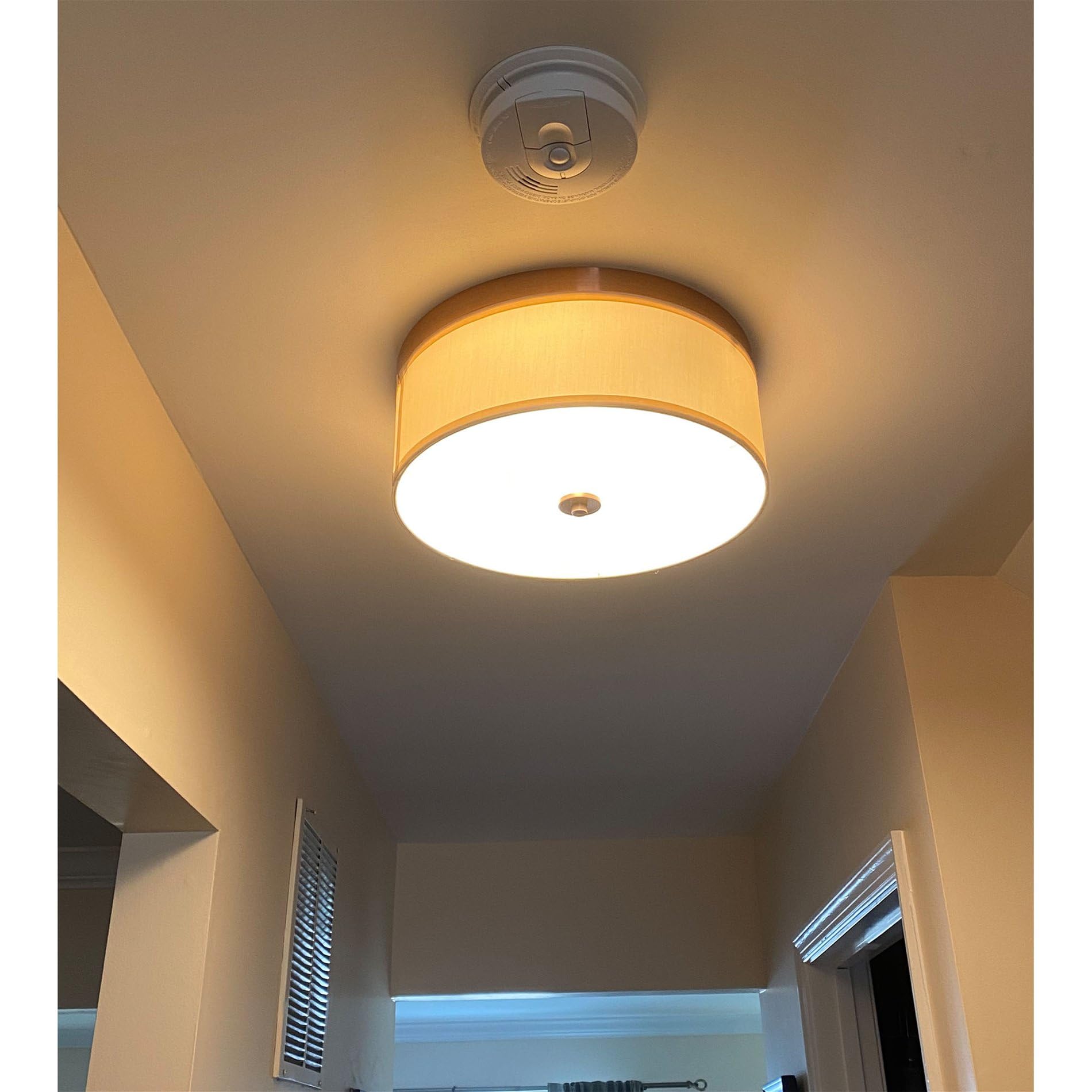 Kira Home Walker 15'' Mid-Century Modern 3-Light Flush Mount Ceiling Light, Cream Fabric Shade + Round Glass Diffuser, Copper Br