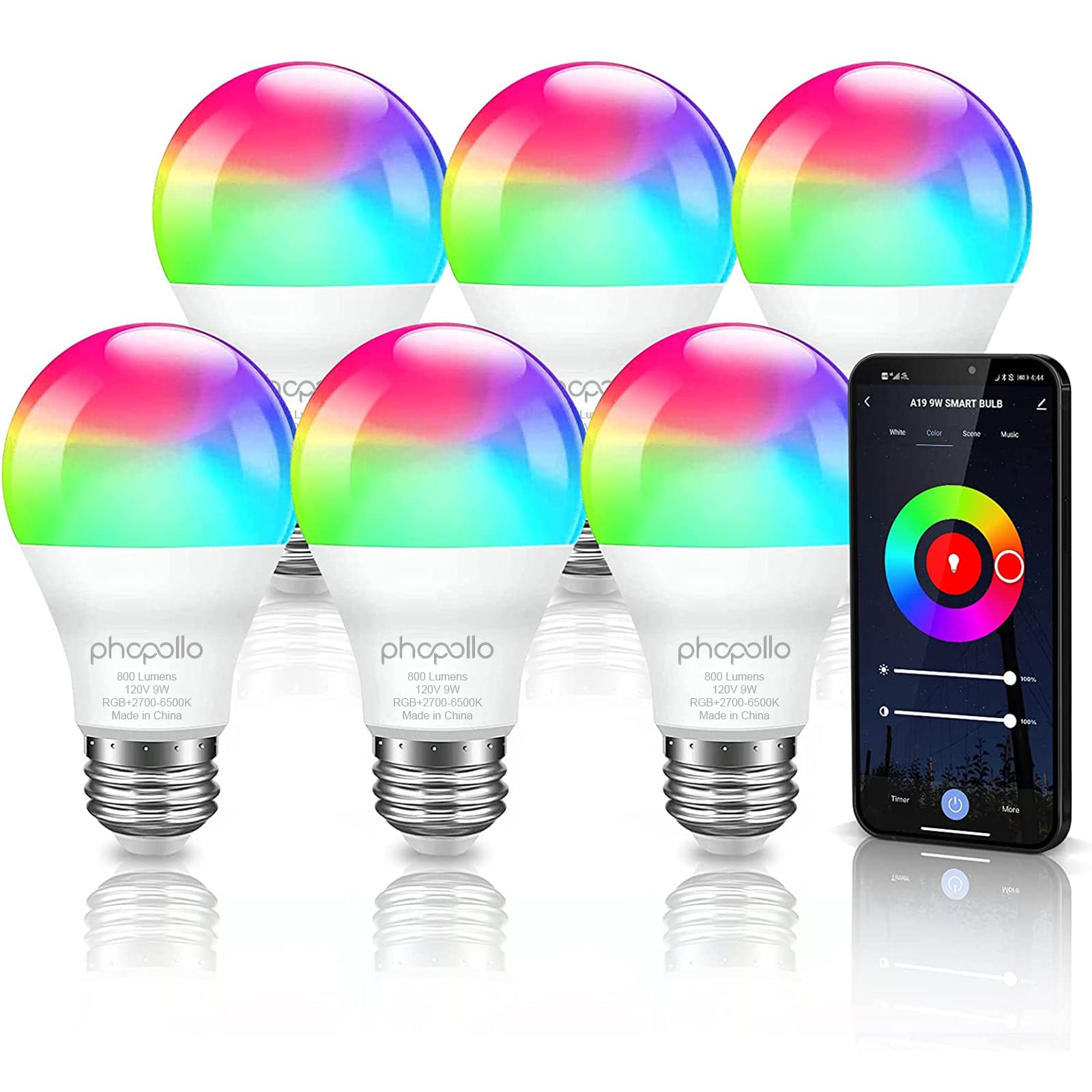 phopollo Smart Light Bulbs RGBCW WiFi LED 800 Lumen A19 E26 9W 6 Pack