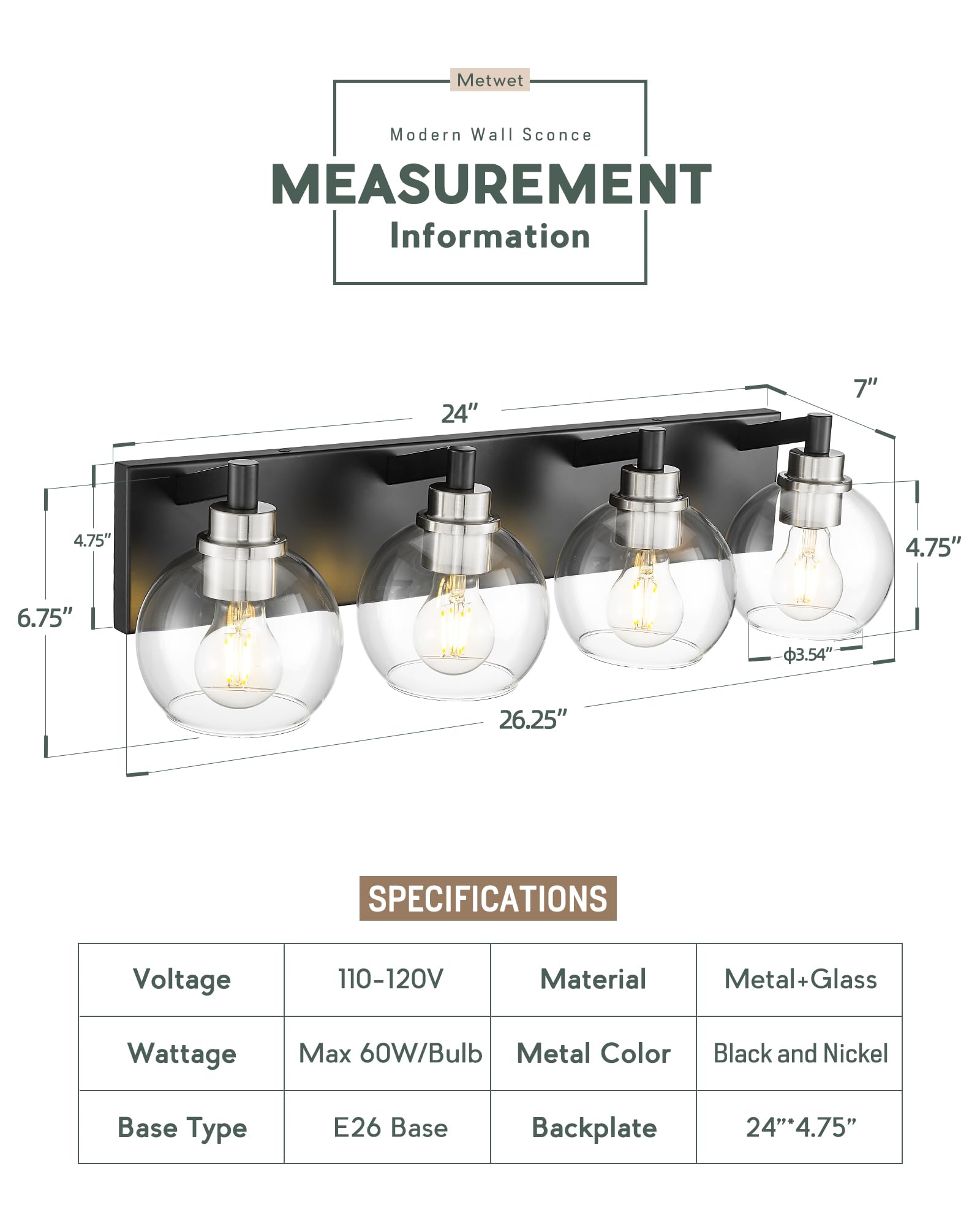 Metwet Bathroom Light Fixtures, 4-Light Black And Brushed Nickel Bathroom Vanity Light, 26 Inch Modern Wall Sconces With Globe C