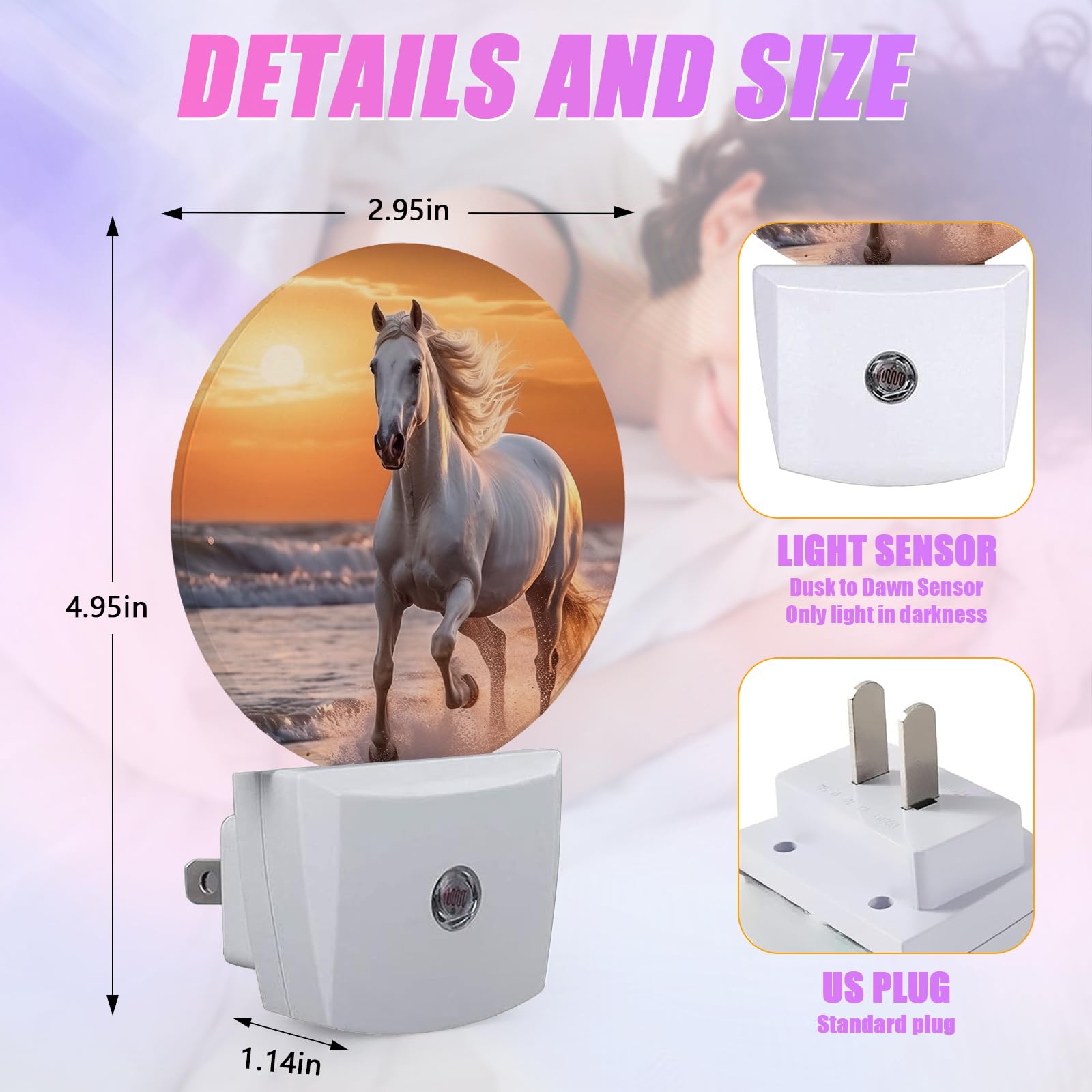 Gantinir Running Horse Night Light Sunset Night Lights Led Lamp Round Plug Into Wall Nightlight With Dusk To Dawn Sensor Home Hallway Stairway Kitchen Decor