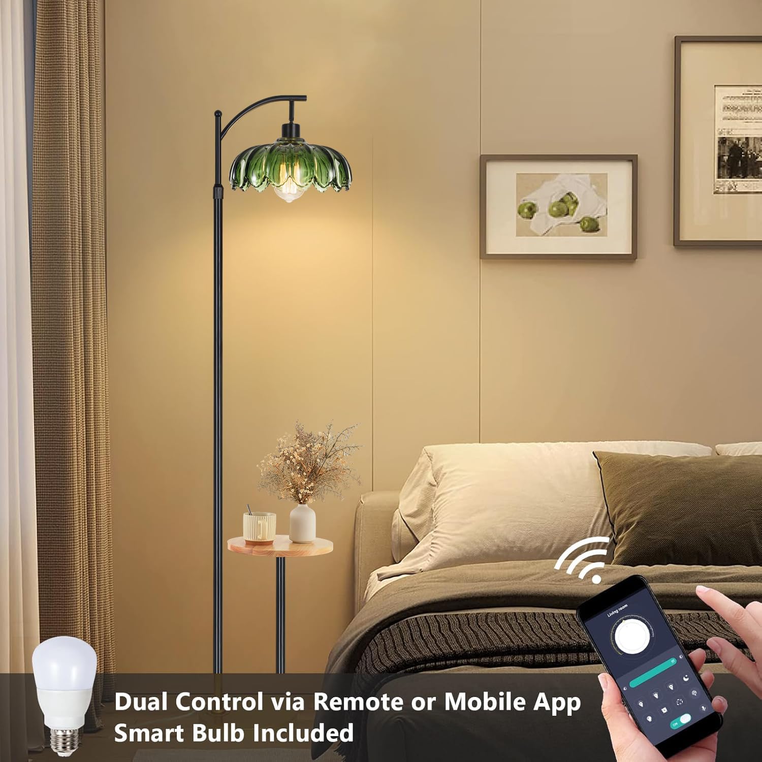 ZECOXOL Arc Floor Lamp with Table & Shelves, 10" Black Metal, Remote Control, 3 Color Temperatures, Modern Design for Living Room & Bedroom