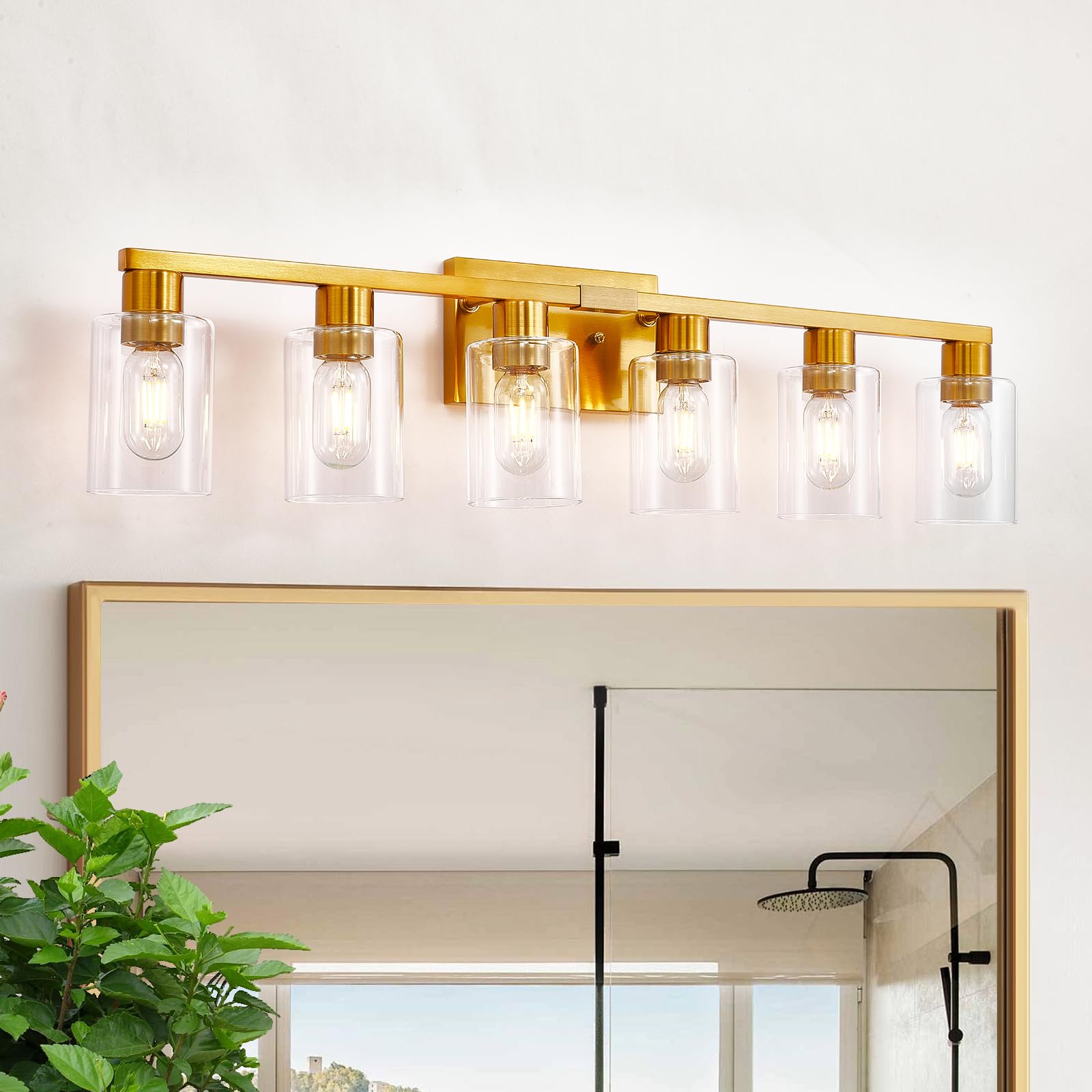 Hdasic 6 Light Bathroom Light Fixtures  Large Gold Bathroom Vanity Light With Clear Glass Shade  Brushed Brass Gold Bathroom Lighting Fixtures Over Mirror  Modern Wall Scones For Bedroom Living Room