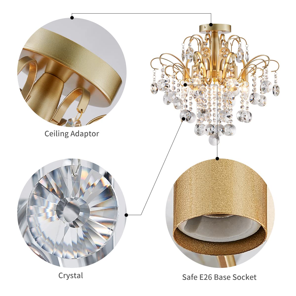 Wuzups Gold Crystal Chandelier Flushmount Ceiling Light, 17.5&quot; H X 19.3&quot; W, E12