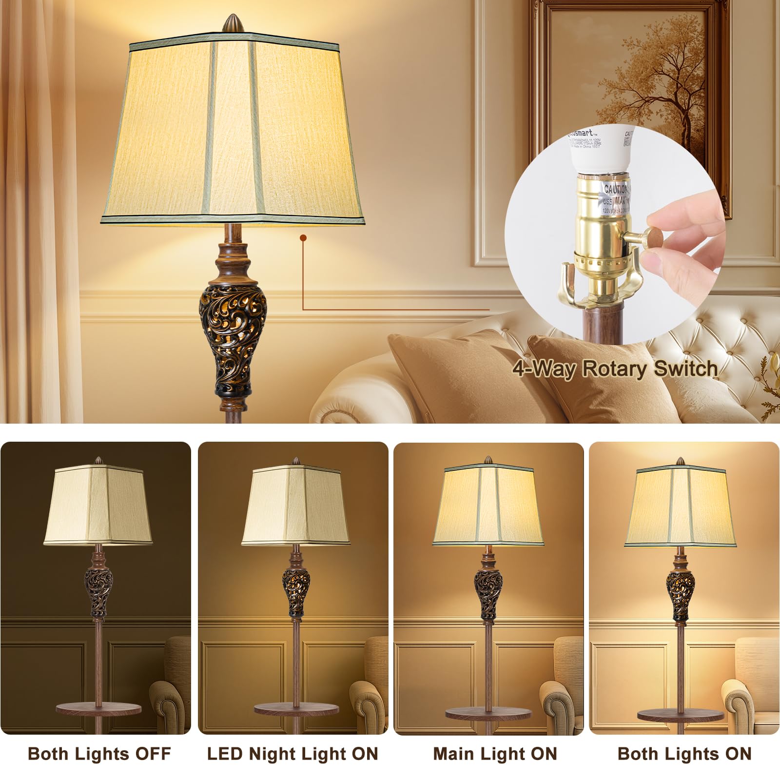 65'' High Vintage Floor Lamp With Night Light And Glass Tray, Farmhouse Standing Lamp With Beige Faux Silk Shade, Retro Rustic T