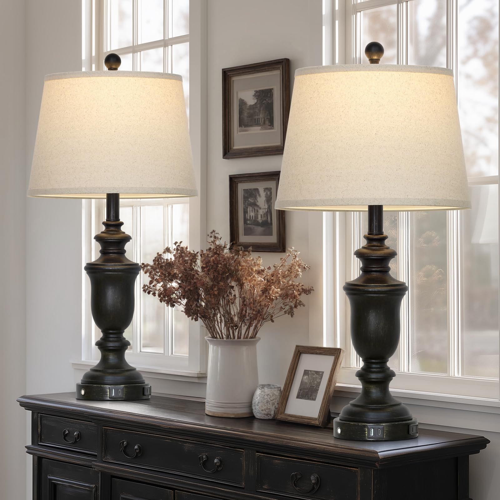 Cinkeda 26'' Black Table Lamps Set Of 2 With Usb C+A Ports & Ac Outlet For Farmohouse Living Room Retro Bedroom,3-Way Dimmable T