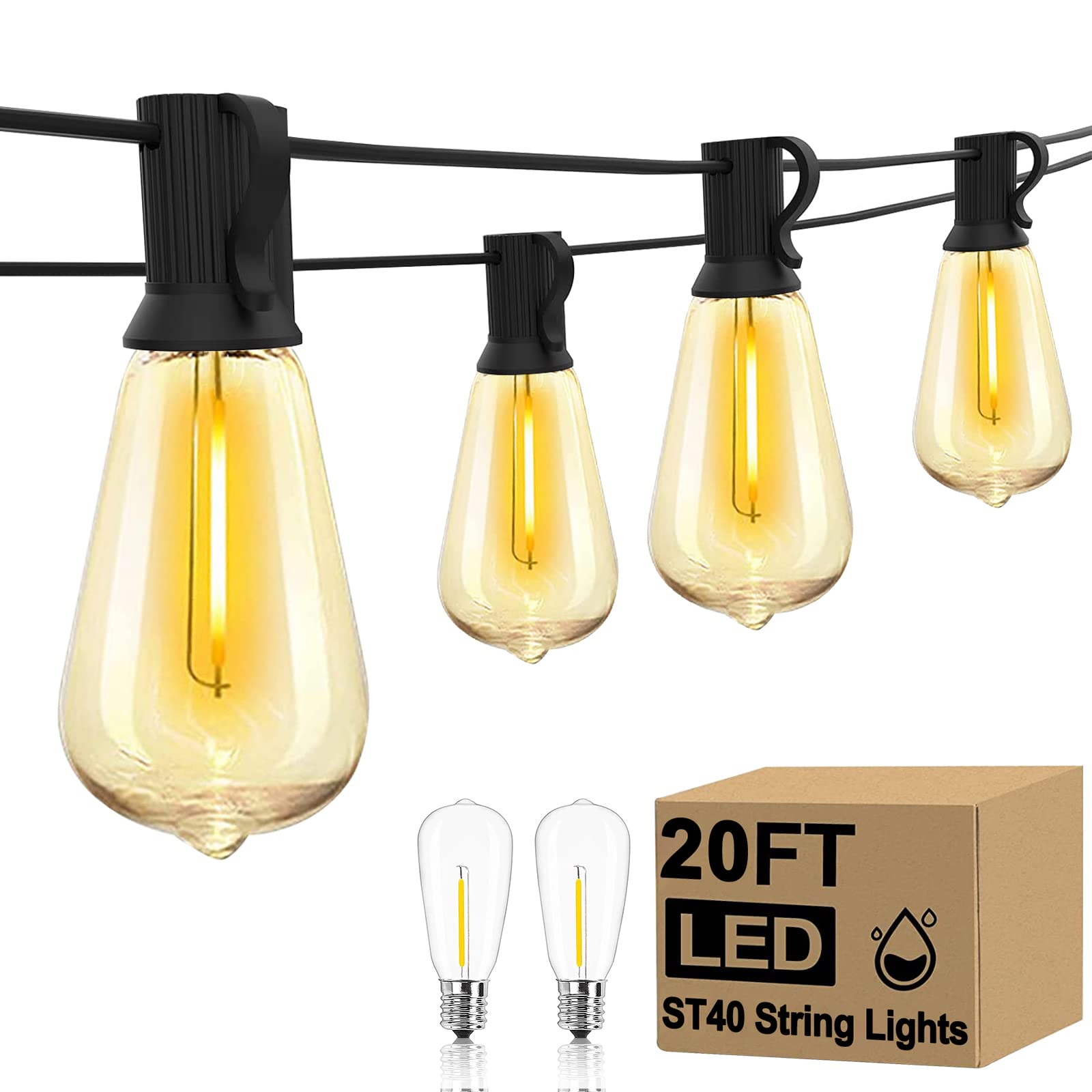 Outdoor LED String Lights 20Ft ST40 Outdoor Patio String Lights with 22 Shatterproof Edison Style LED Bulbs, Hanging Backyard Li