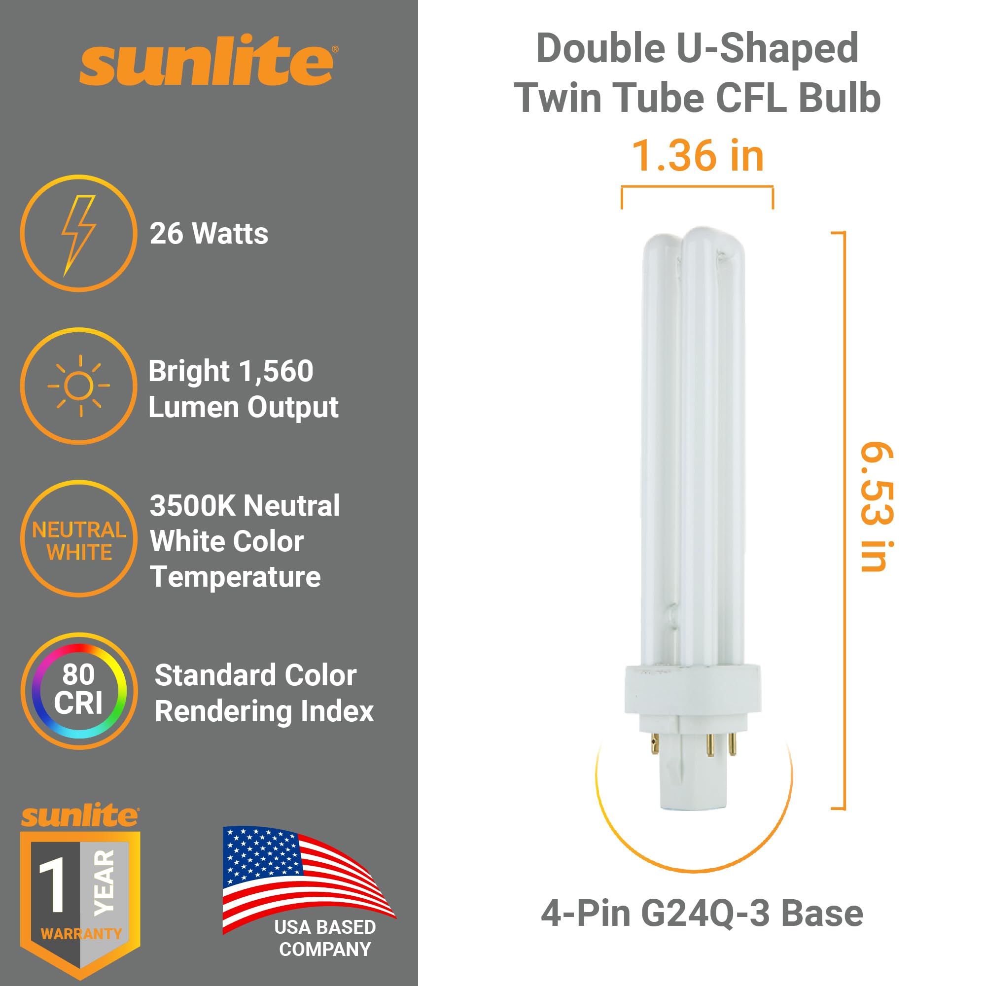 Sunlite Compact Fluorescent PLD 4 Pin Double U-Shaped Twin Tube Light Bulb, 26 Watts, 120 Volts, 4 PinG24q3 Base, 1560 Lumens, 3