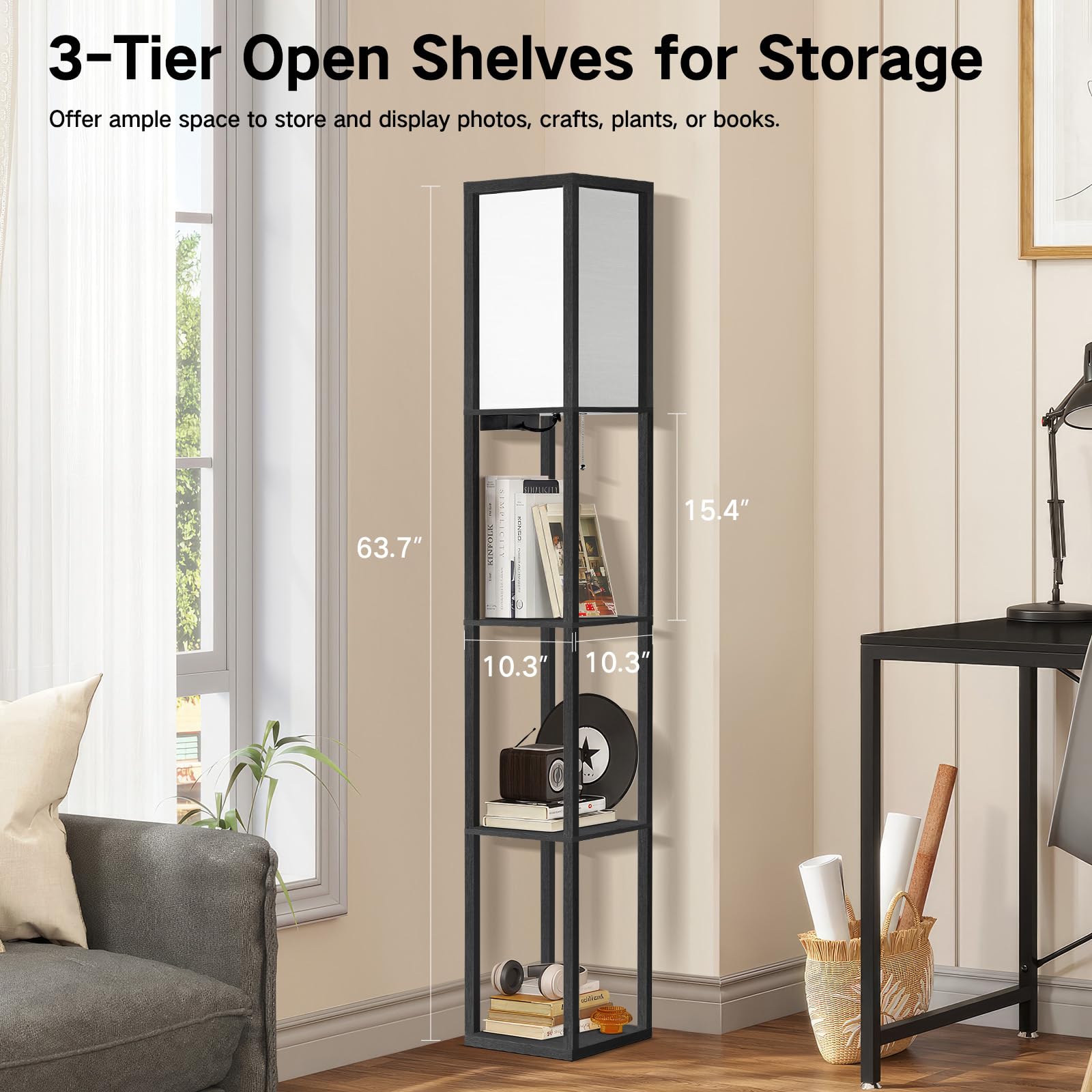 OUTON Floor Lamp with Shelves, Dimmable, Remote Control, USB & Type C Ports, Power Outlet, Matte Black