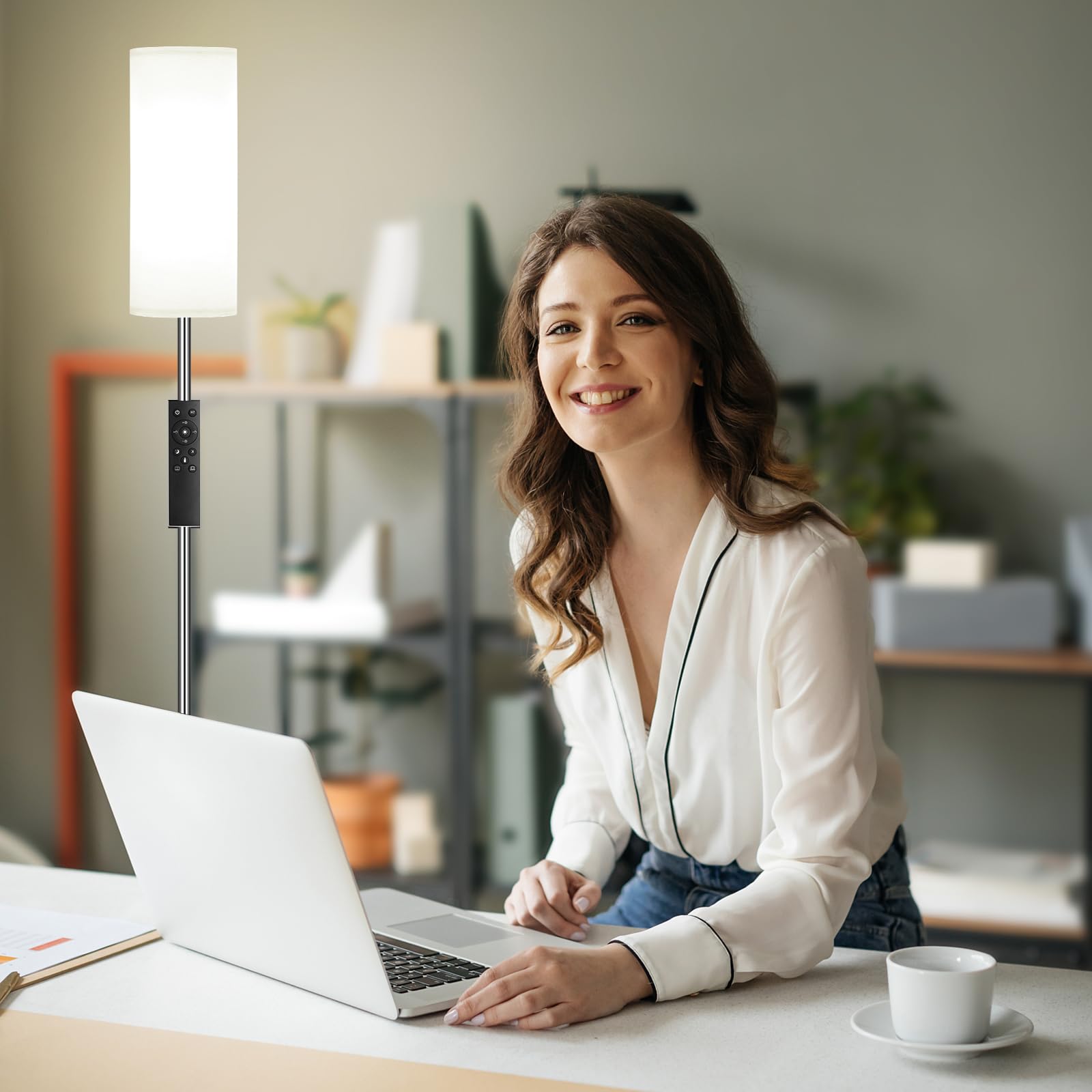 Ambimall 66'' Floor Lamps For Living Room With Remote Control And Stepless Dimmable Colors Temperature & Brightness, 9W Bulb Included(White Lampshade & Silver Pole)