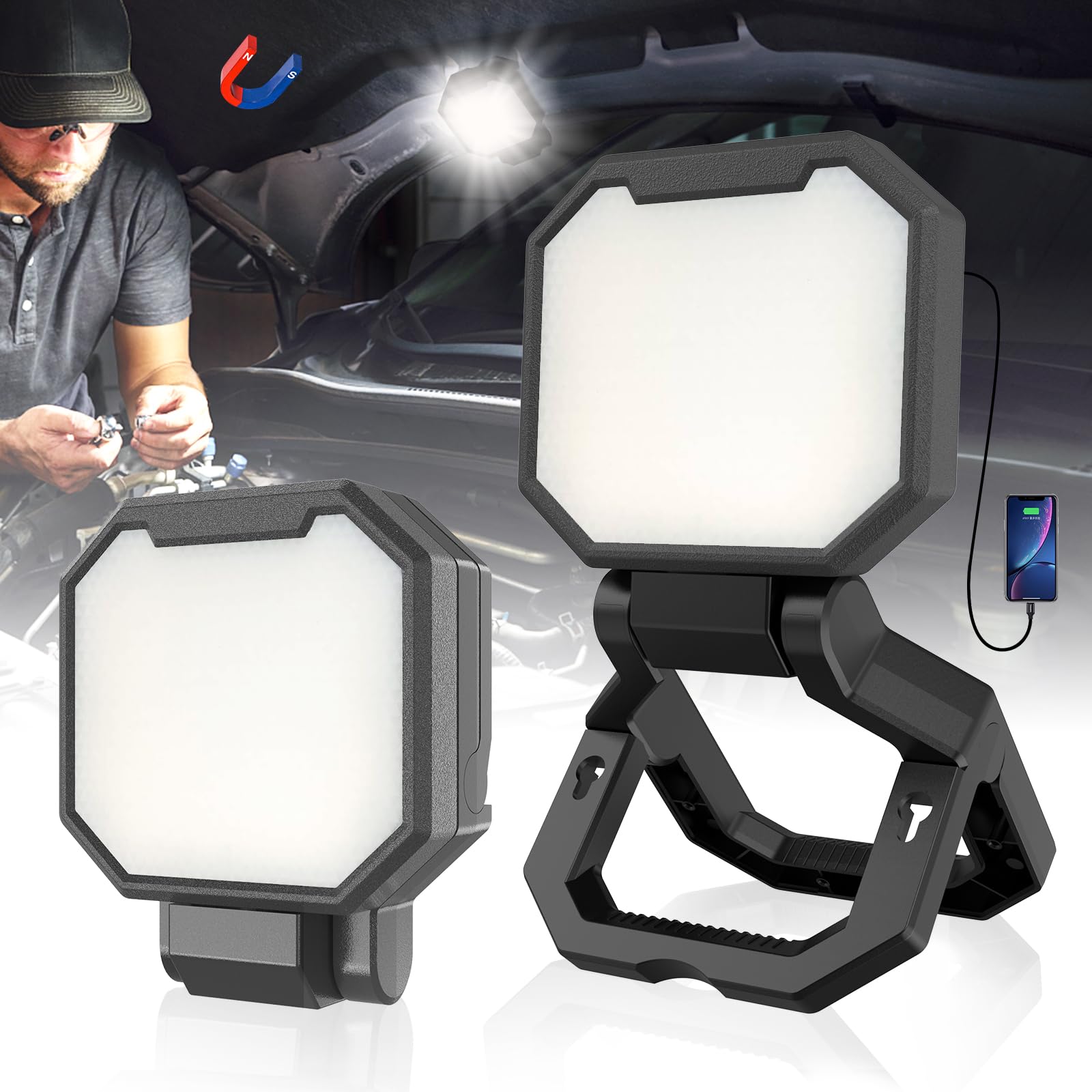 Hyperlite Rechargeable Work Light 2Pack 40W 4000Lumens, Hanging Hook Folding Bracket, Magnetic Work Light Job Site Lighting For Car Repairing, Camping, Working, And Hurricane