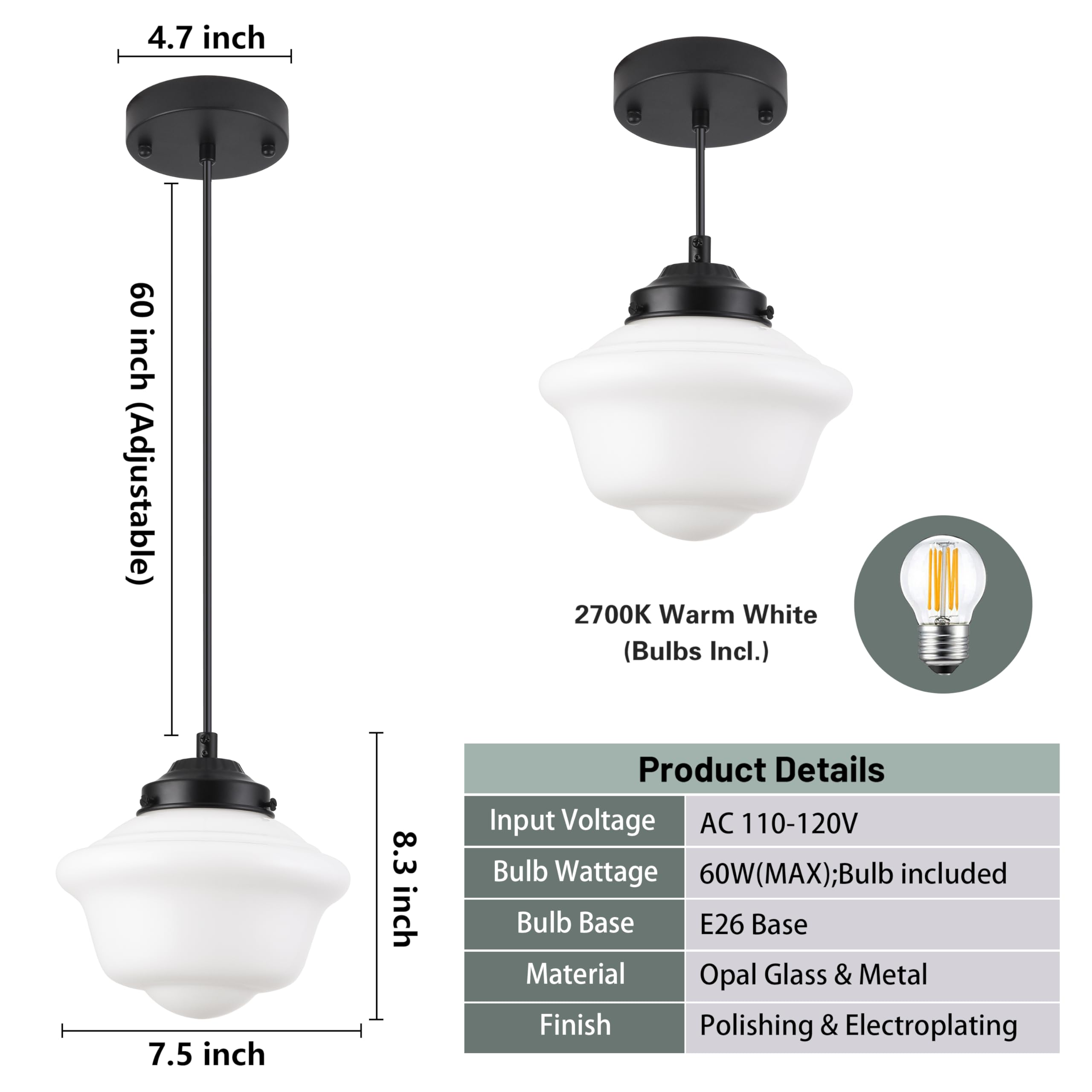 Ayshwilldec Black Schoolhouse Light Fixture 8'' Milk Glass Pendant Light Schoolhouse Pendant Light Milk Glass Light Fixture Mid