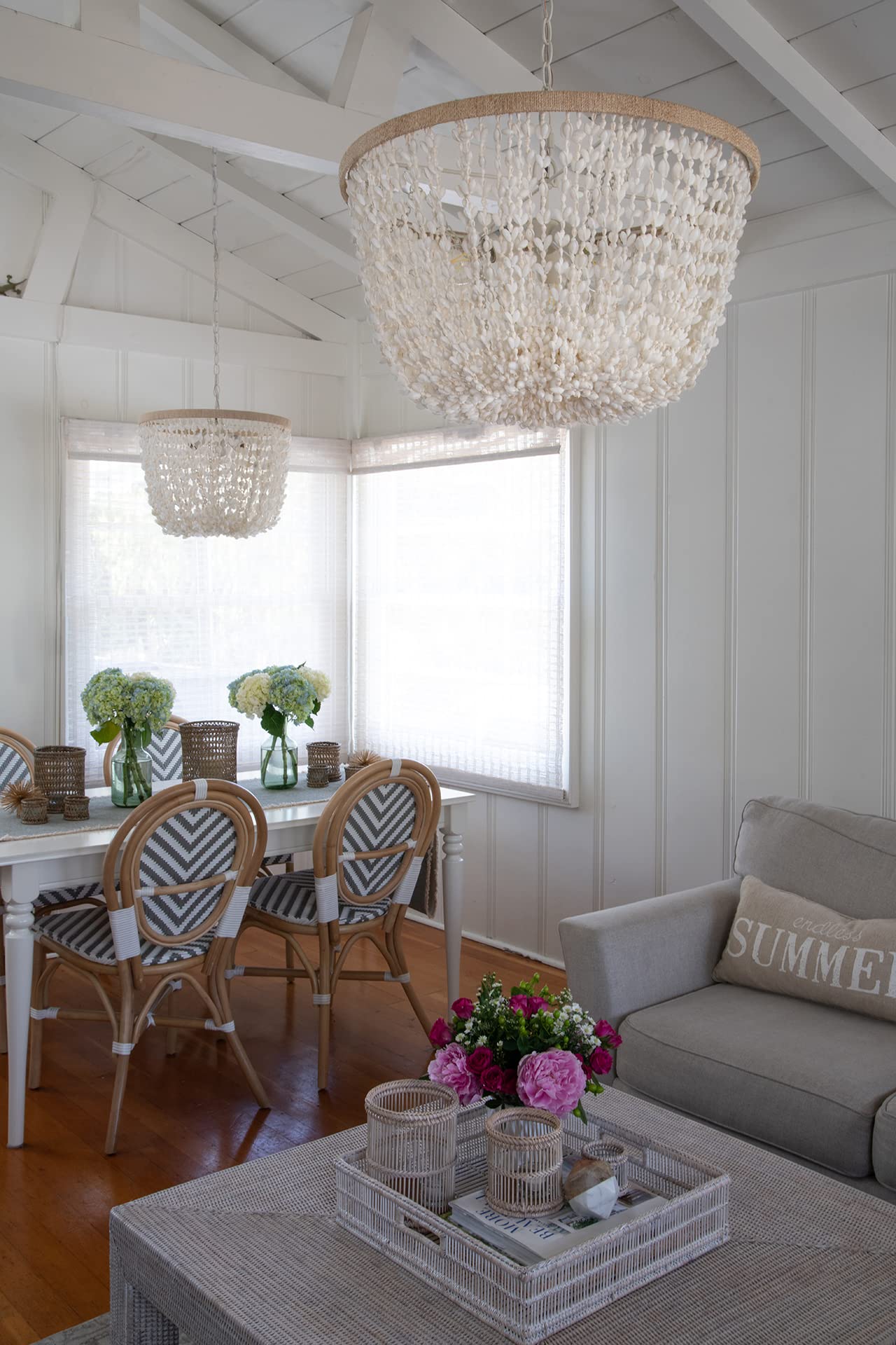 Kouboo Inverted Pendant Lamp, Small, White, Abaca Rope & Seashell, Model 1050028