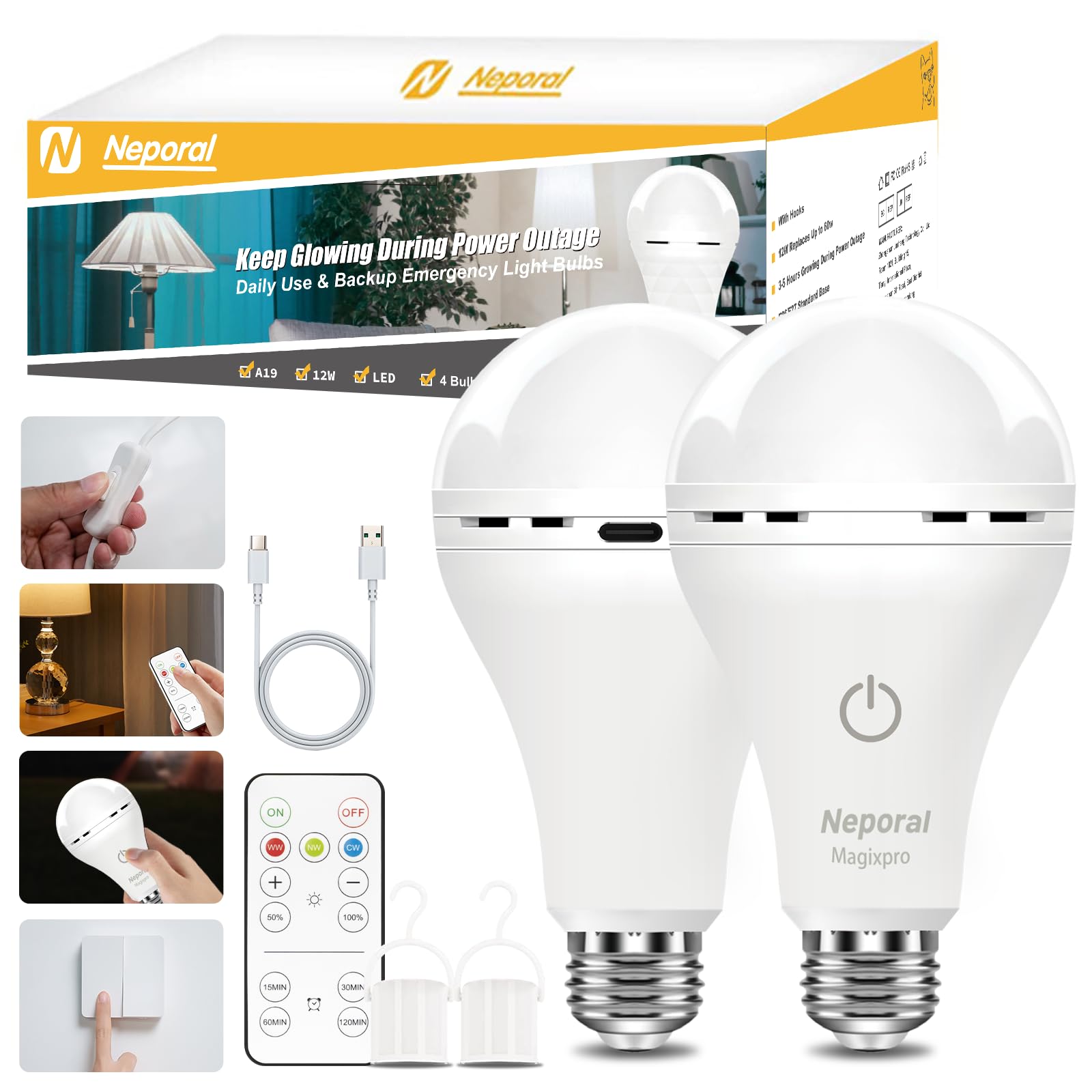 Neporal MagixPro Remote Rechargeable LED Light Bulbs, Dimmable, 1800mAh, USB & Socket Charging, 3000-6000K, 2 Pack, Model