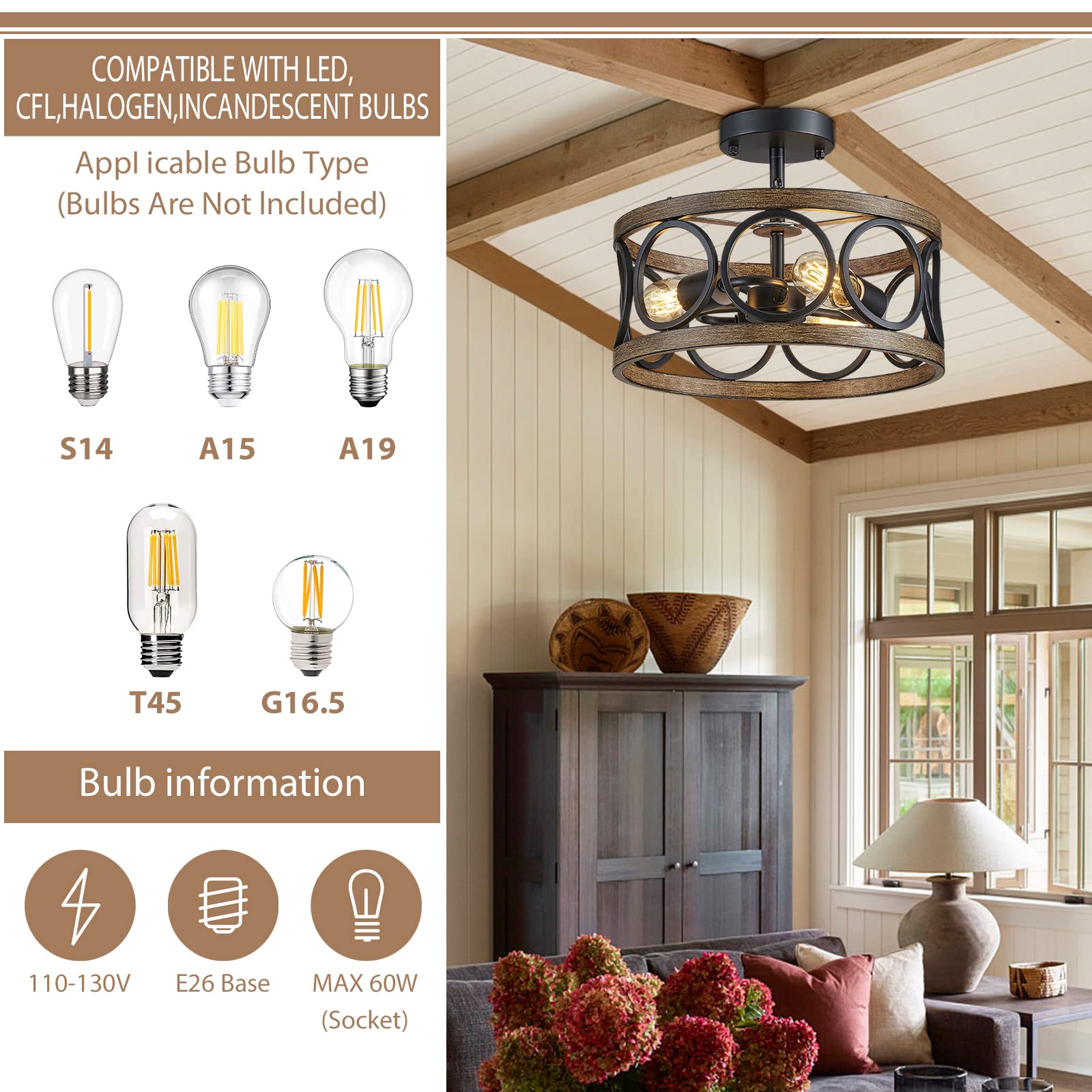 peskoe Modern 3-Light Black Ceiling Light Fixture, 13'' Drum Design, Metal Shade for Bedroom, Dining Room, Kitchen, Hallway