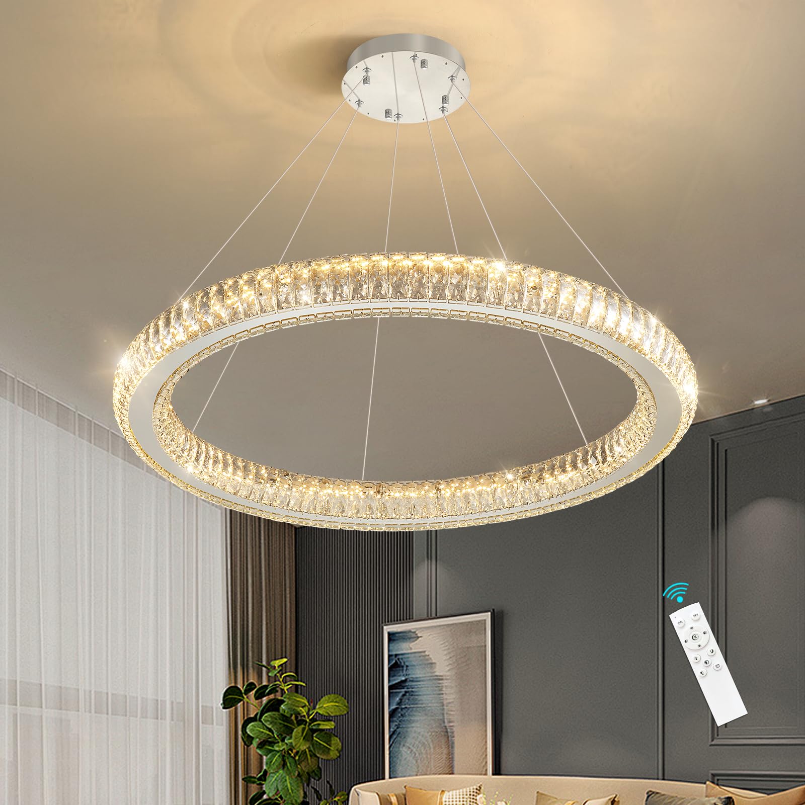 HAIXIANG Modern Ring Chandelier LED Dimmable Living Room Chanderliers Entryway High Ceiling Crystal Ring Pendant Lights for Dining Room Bedroom Silver Interior Light