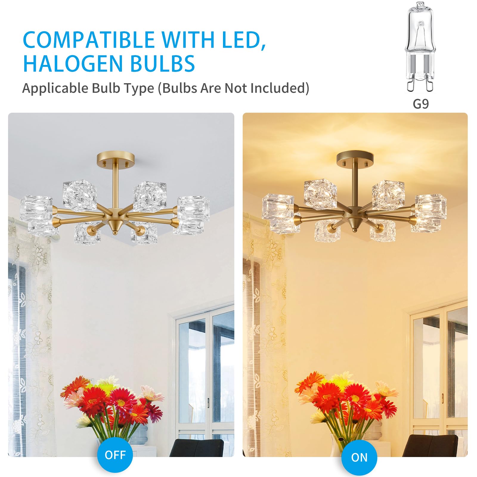 XINGQI Semi Flush Mount Ceiling Light, 8 Lights Gold Metal Sputnik Chandelier for Bedroom, Dining Room, Kitchen, Office