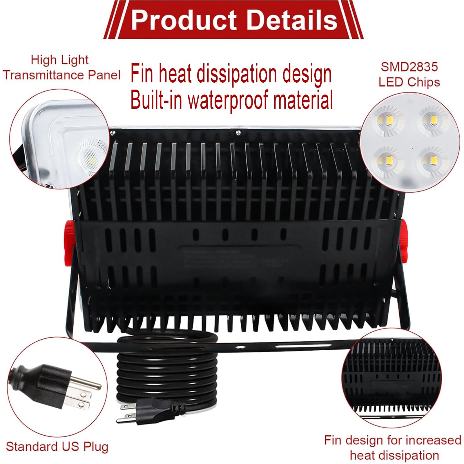 Indmird 2 Pack 100W Led Outdoor Flood Lights - Black, Plug-In For Yard, Garden, Stadium