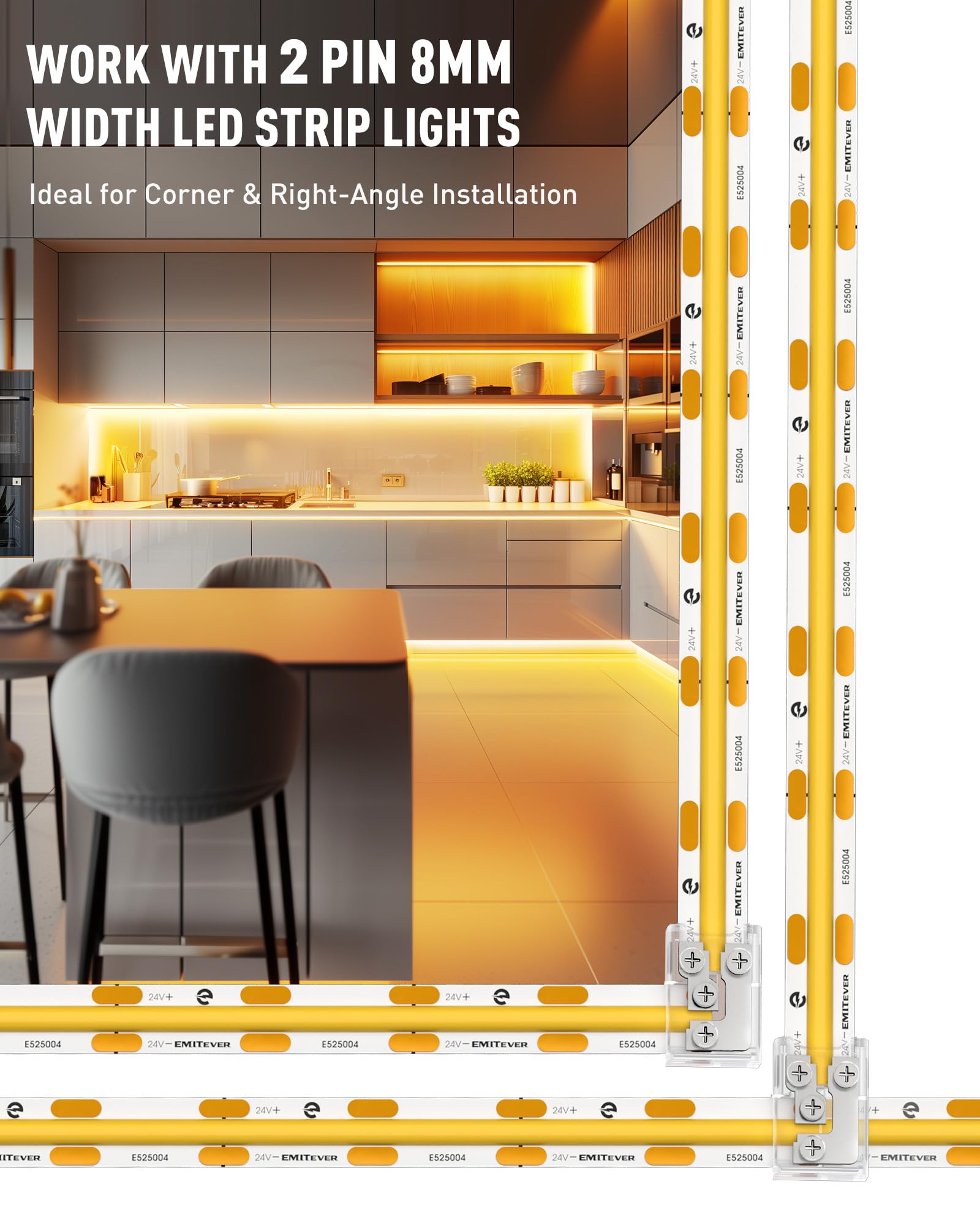 Emitever 8Mm Led Strip Connectors 12Pcs, Led Corner Connector T-Shaped Gapless Connection Solderless Transparent Tape Light Conn