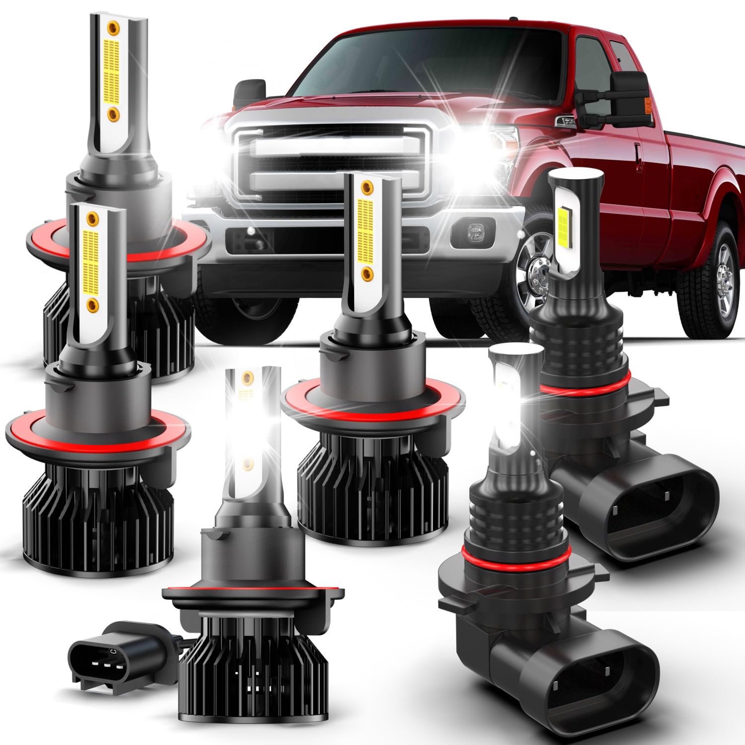 pfsynb LED Headlight Bulbs 9008 + H13 + 9145, 500% Brightness, 6000K White, IP68, Plug and Play, 6