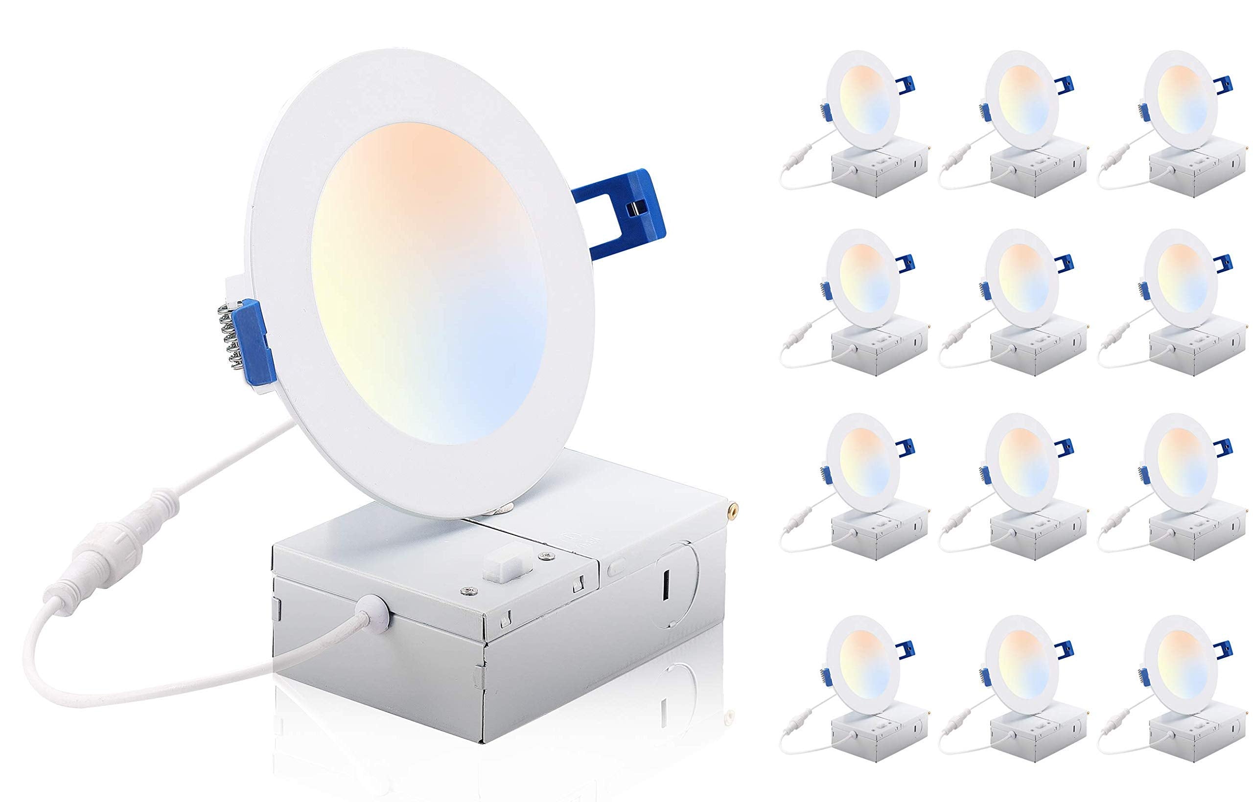 Cloudy Bay 4 Inch 3000K/4000K/5000K Three Color Temperature Selectable, Dimmable 10W Cri 90+, Ic Rated, Etl/Ja8, Ultra Thin Recessed Downlight With Junction Box, White Finish, 12 Pack