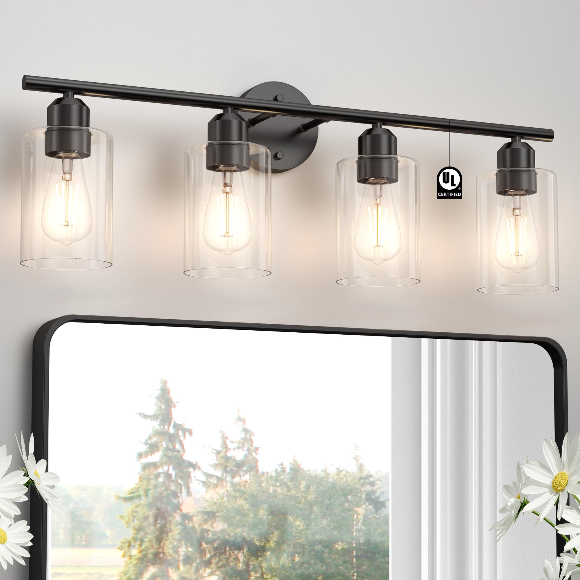 Espird Bathroom Vanity Light Fixture, 4 Light, Black, Rustic Farmhouse Style, Glass Shade