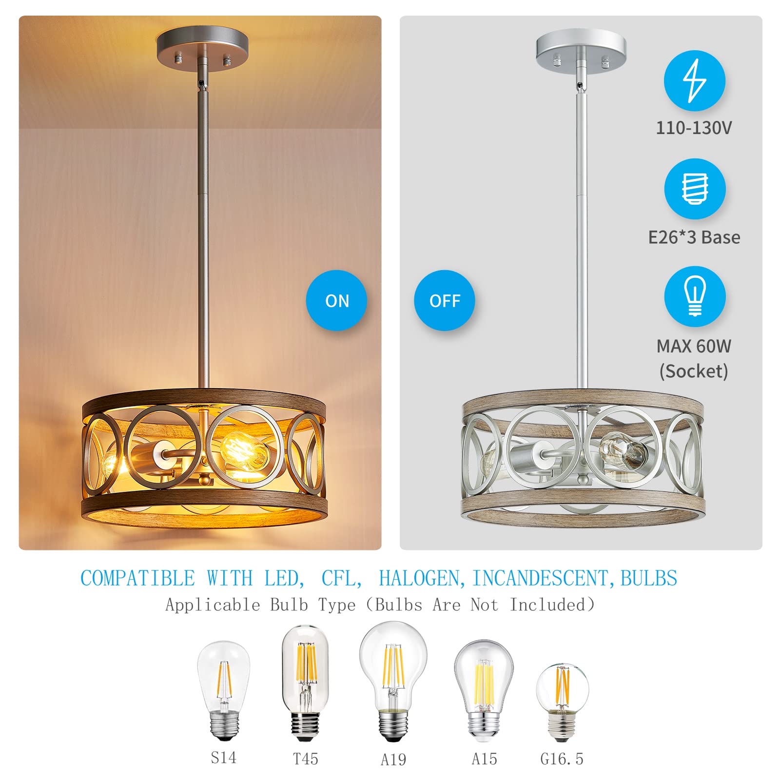 Xingqi Rustic Chandelier Brushed Nickel, Drum Chandeliers For Dining Room Modern Light Fixture Over Table Farmhouse Metal Wood Grain Pendant 5 Lights