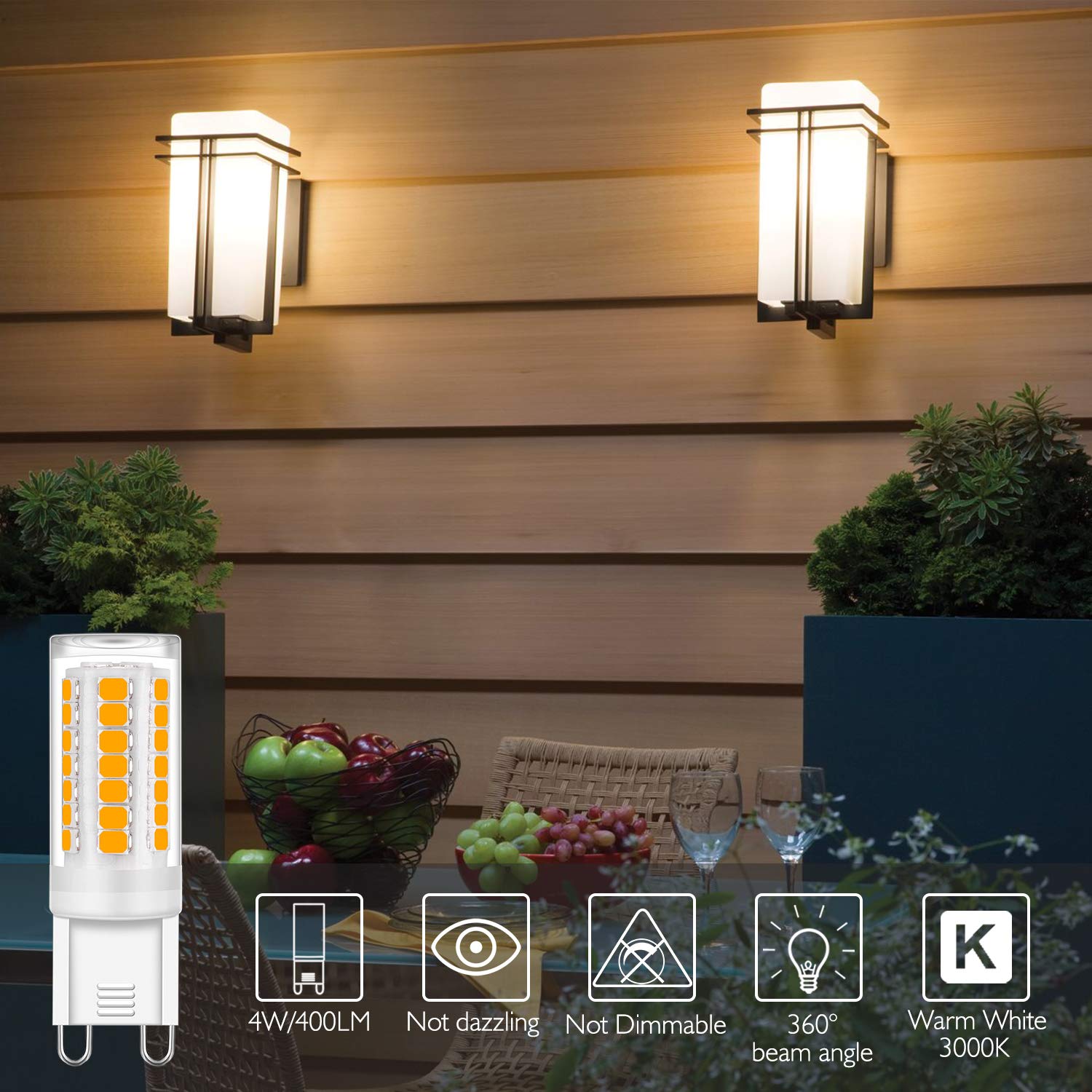 Yuiip G9 Led Light Bulb, 4W Equivalent, Warm White 3000K, 400Lm, Ceramic Base, 6 Pack