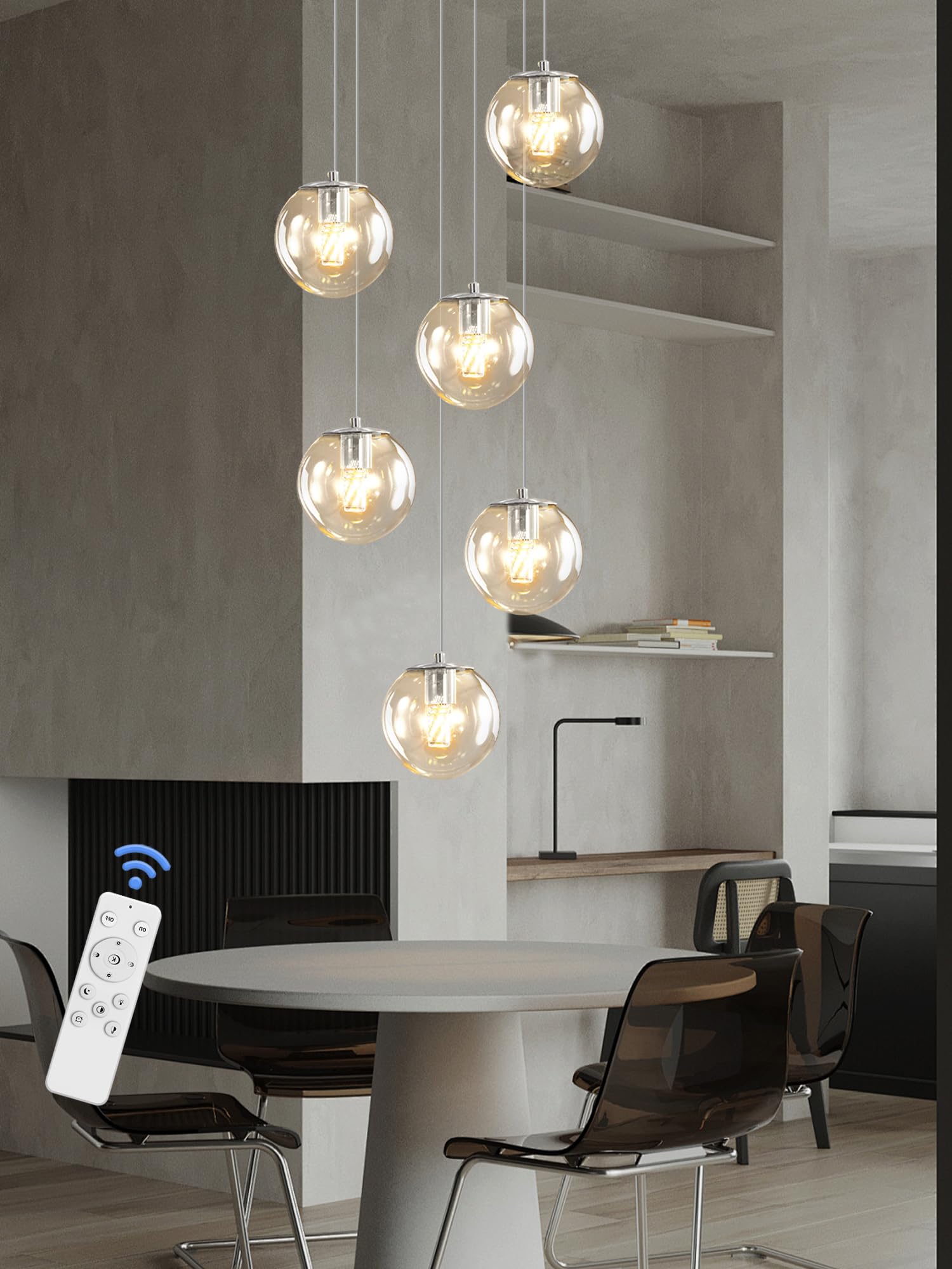 ykolupty Silver 6-Light LED Chandelier - Clear Glass Balls, Dimmable Pendant Lights for High Ceilings, Modern Entryway Lighting