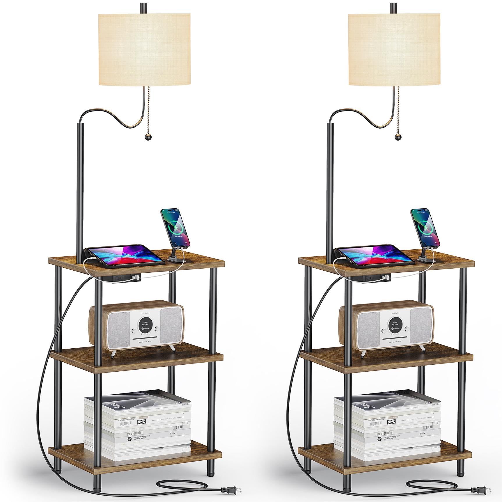 WEITERS Floor Lamp End Table with Charging Station, Retro Bedside Table with Lamp for Living Room, Small Side Table Nightstand f