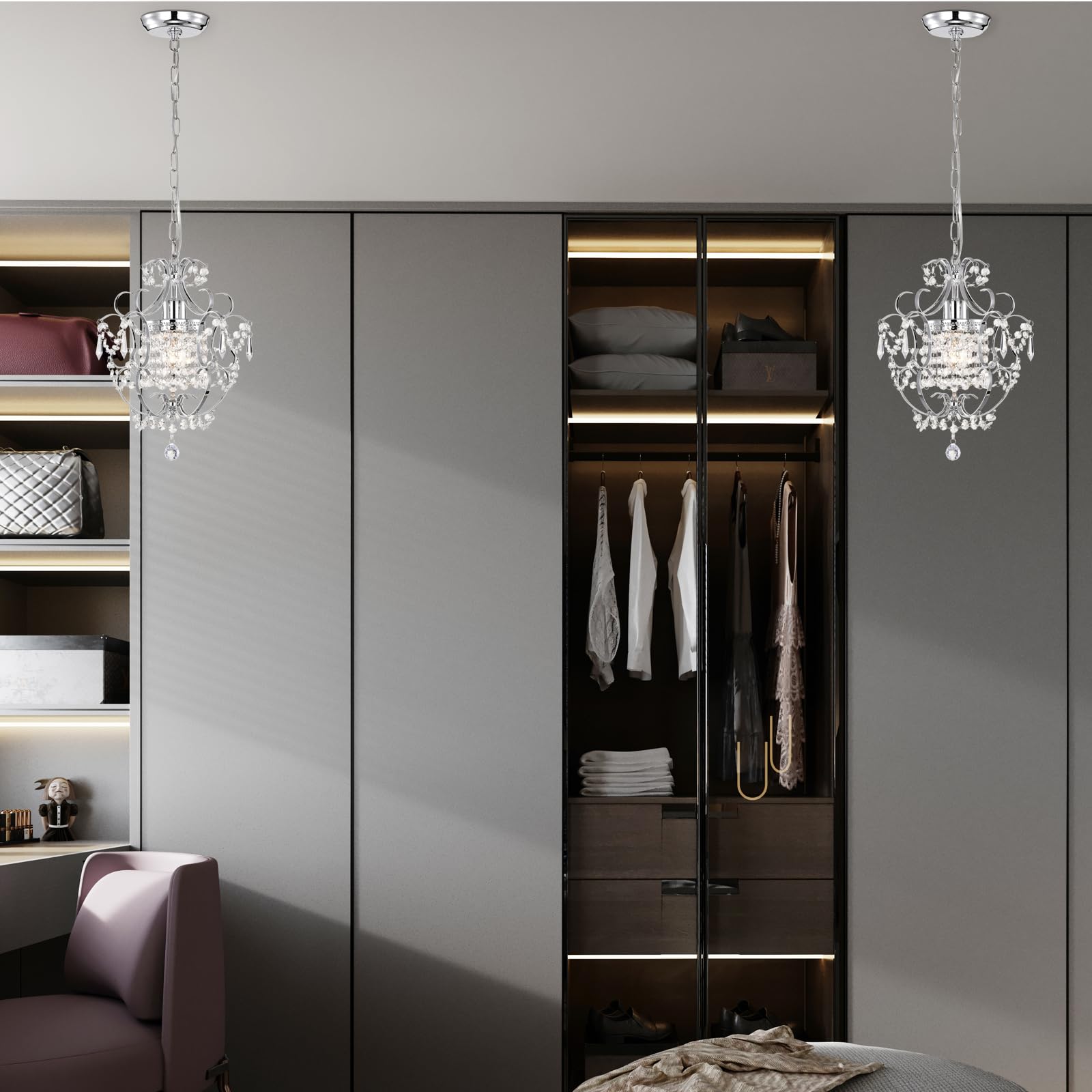 Small Chandelier For Bedroom, 90% Pre-Assembled Chrome Chandelier, Mini Acrylic Crystal Chandelier, 1 Light Pendant Light Fixtur