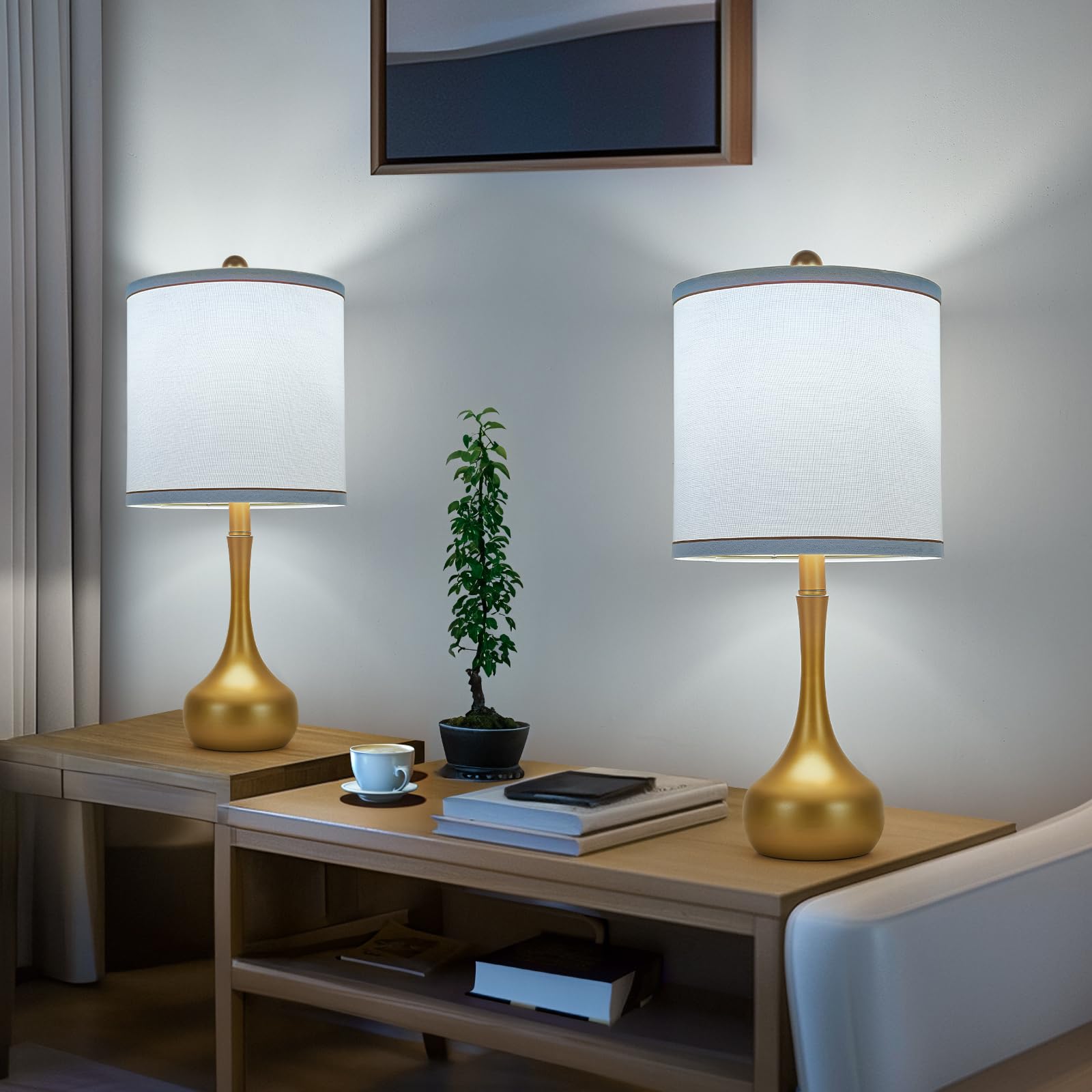Helijia 23'' Farmhouse Table Lamp Set Of 2, Golden Metal Modern Bedside Lamps For Living Room, 3 Color Temperature Rustic Table