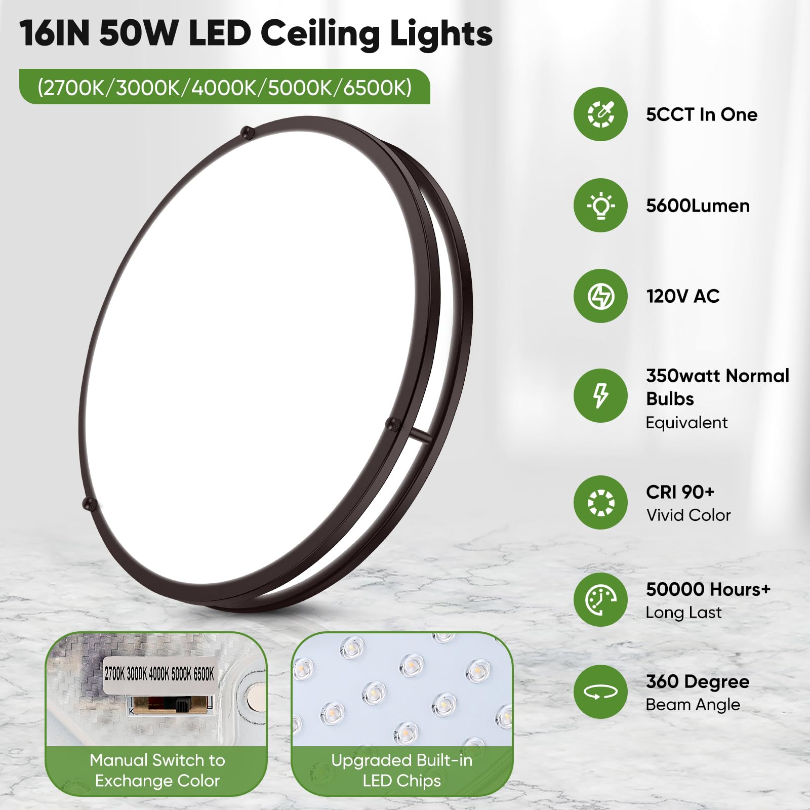 TOBUSA LED Flush Mount Ceiling Lights, 50W, Dimmable, 16in, Oil-Rubbed Bronze, 5600lm, 5CCT, 2-Pack,