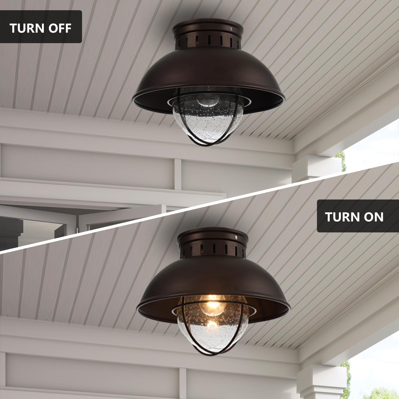 ALAISLYC Outdoor Ceiling Light Farmhouse 10 Inch Flush Mount Ceiling Lights Fixture Oil Rubbed Bronze,Metal Cage Seeded Glass Se