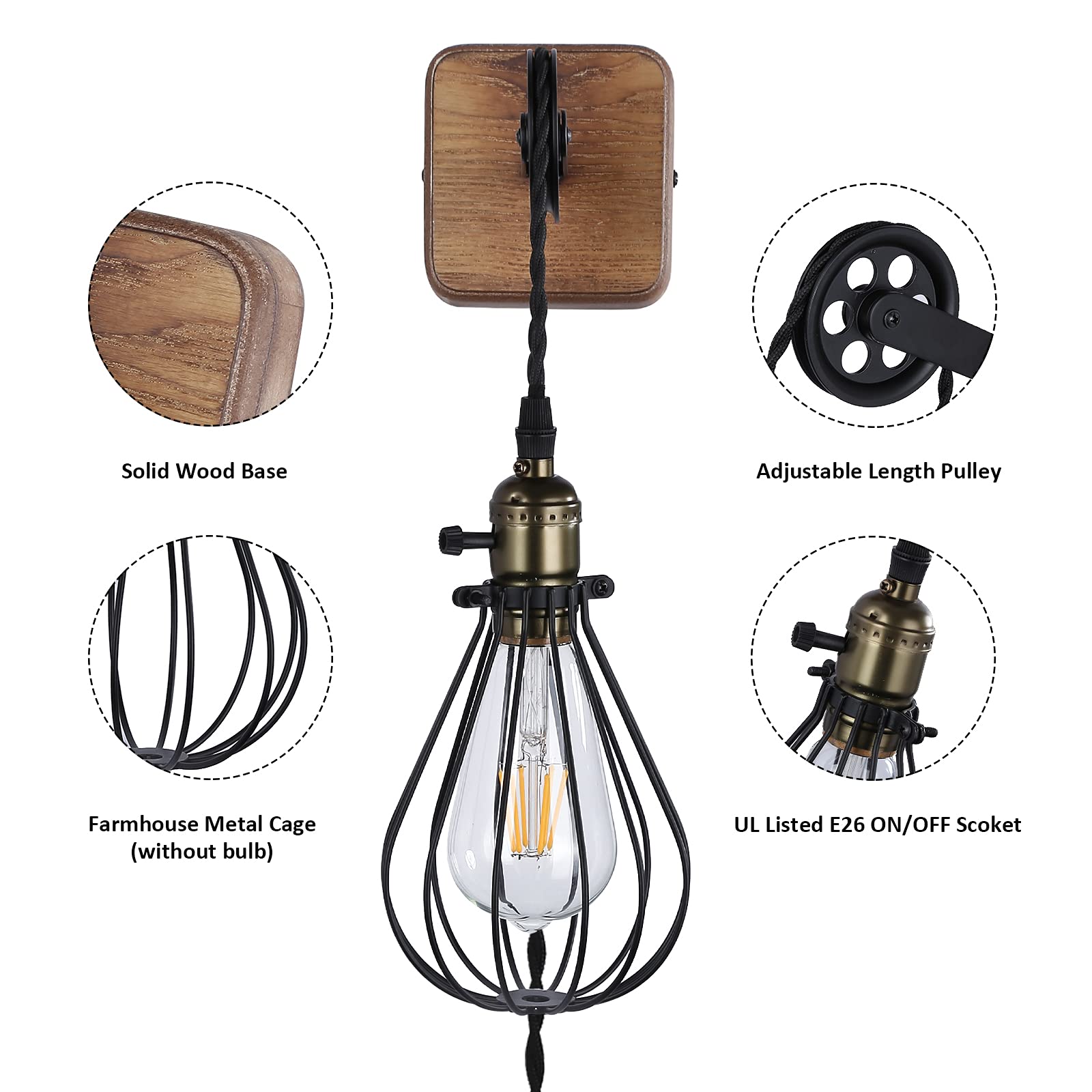 Injak Industrial Plug-In Wall Sconce, Adjustable Height Black Metal Cage Light For Home Decor